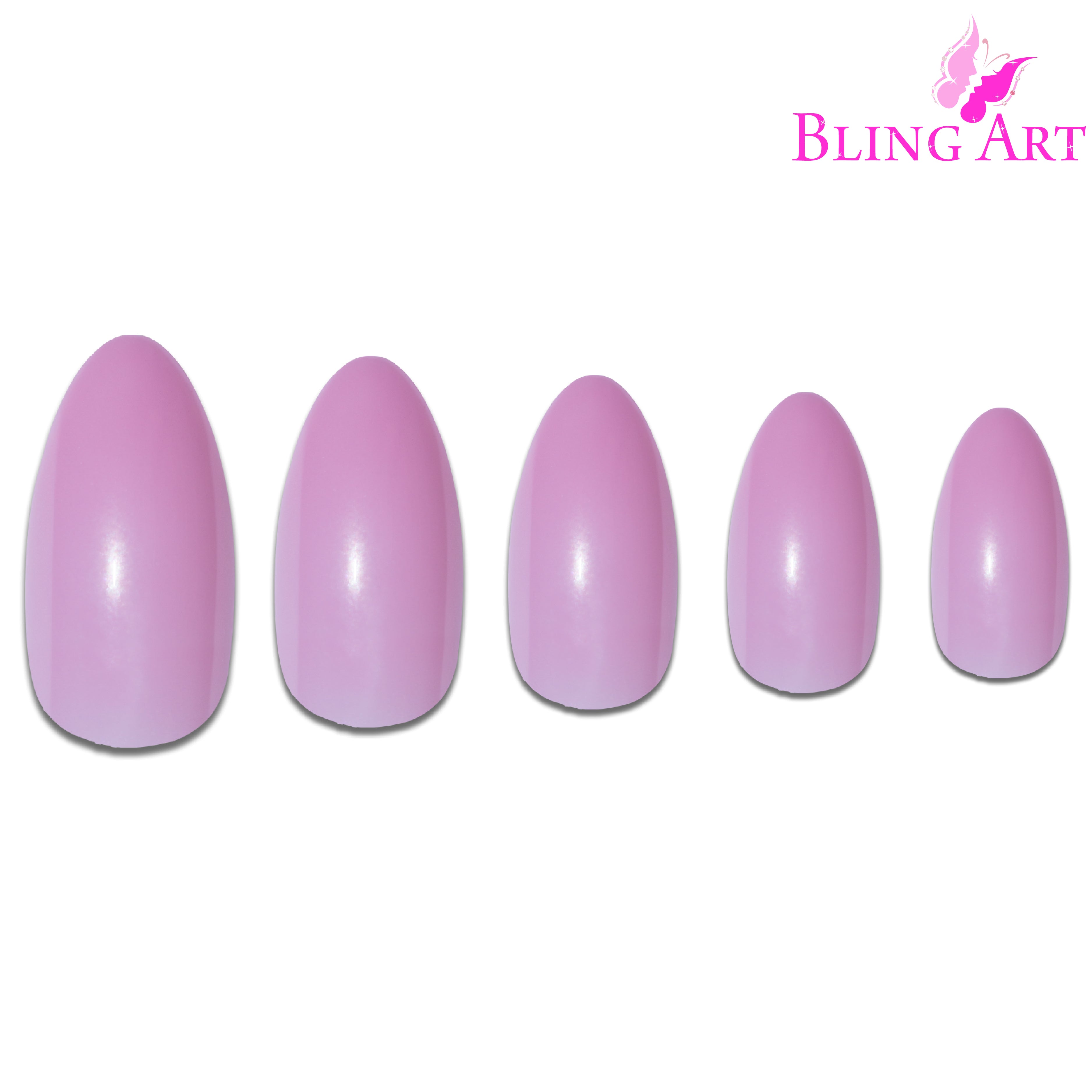 Pink polished almond stiletto Bling Art press-on nails — alternative angle revealing the bond line on the long almond stiletto shape.