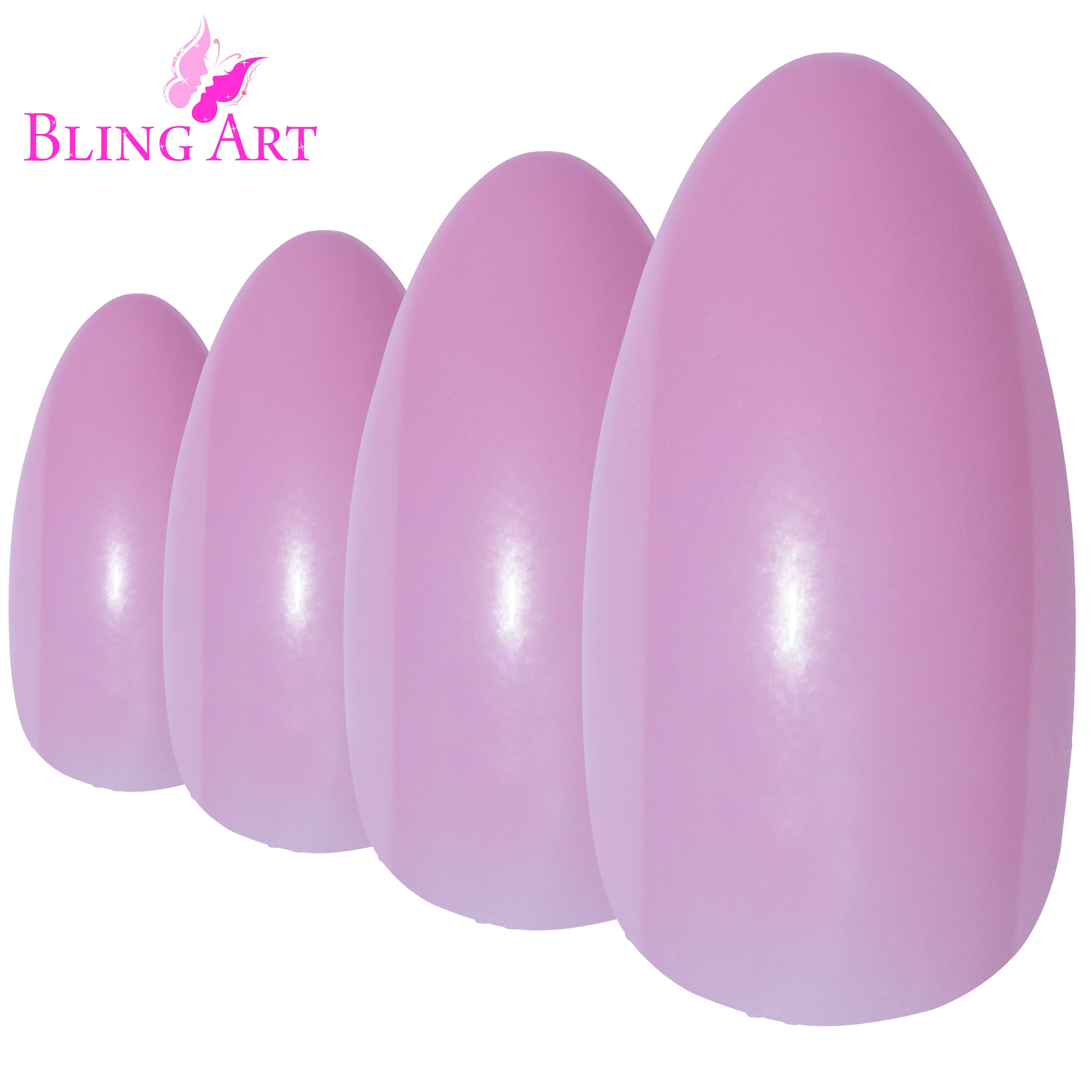 Pink polished almond stiletto Bling Art press-on nails — additional product view showing the pink long tip silhouette.