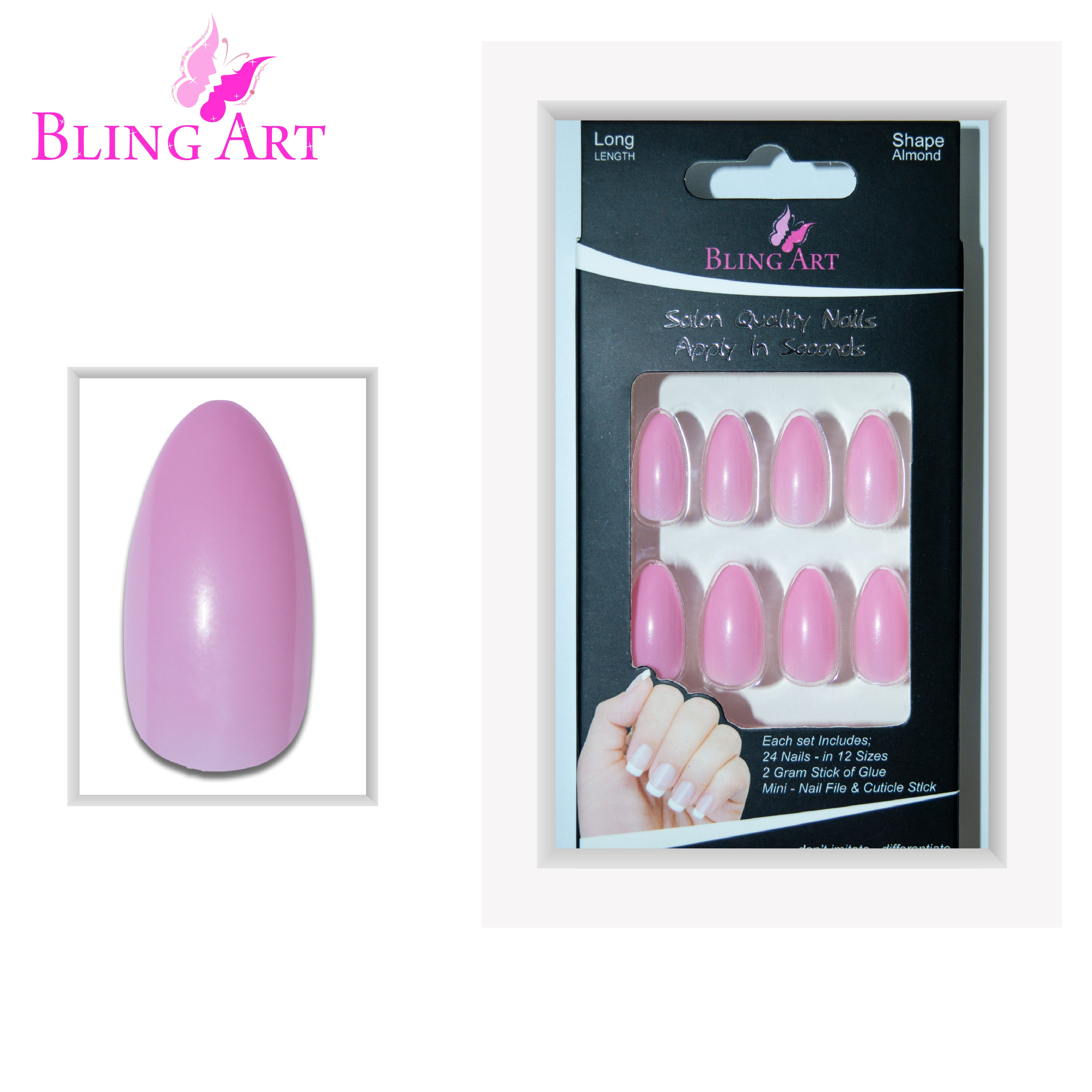 Bling Art Pink polished almond stiletto press-on nail set packaging — 24 nails, 12 sizes XS-XXL, file and cuticle stick included. Glue not included.