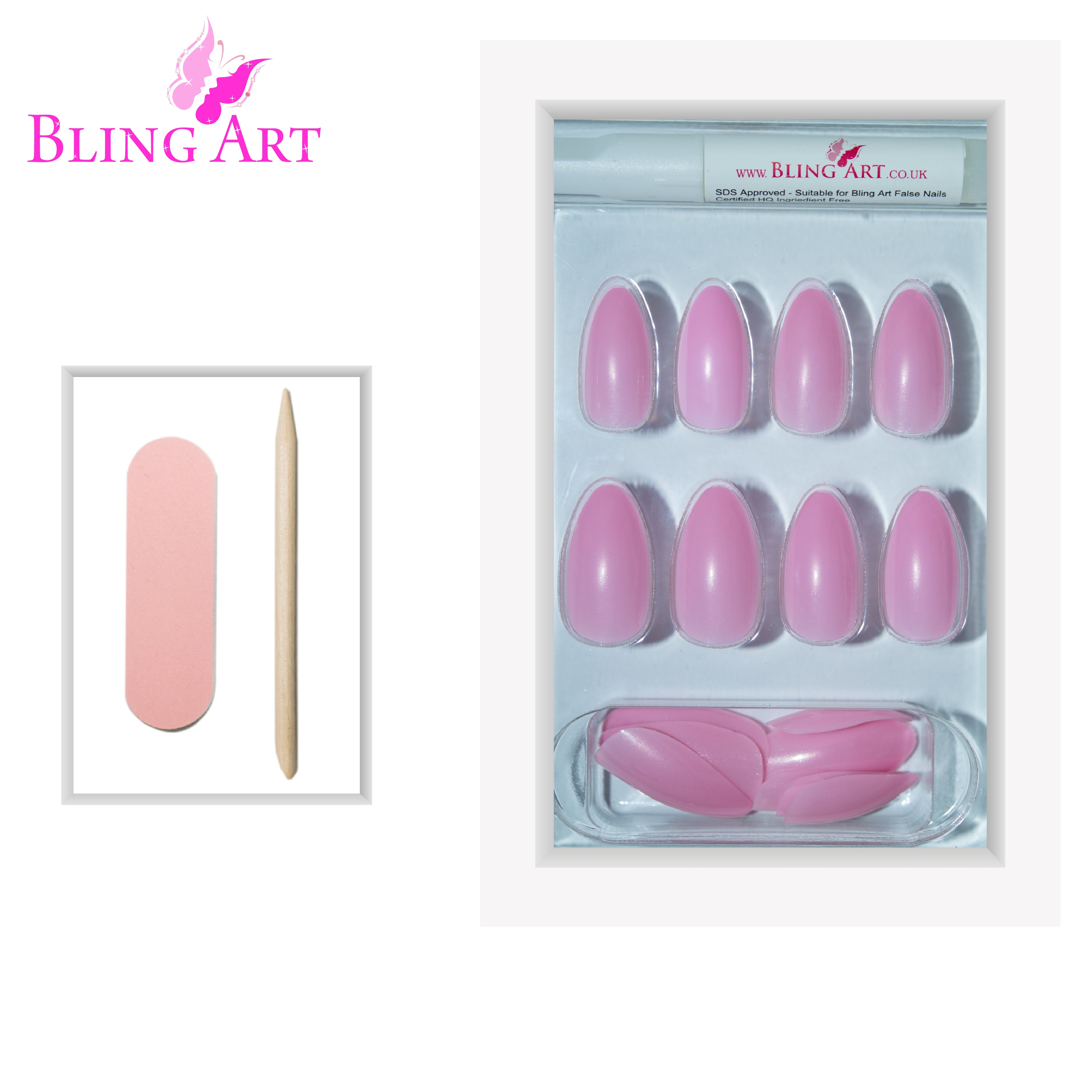 Pink polished almond stiletto Bling Art press-on nails — full-hand reveal showing all 24 nails for summer events and date nights.