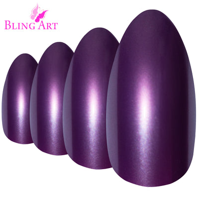 Rich plum-purple high-polish almond stiletto long press-on false nails by Bling Art — jewel-tone bold-length statement for evening wear and special occasions · high-shine polished finish · long almond stiletto tips · 24 nails per set with adhesive · designed in Yorkshire