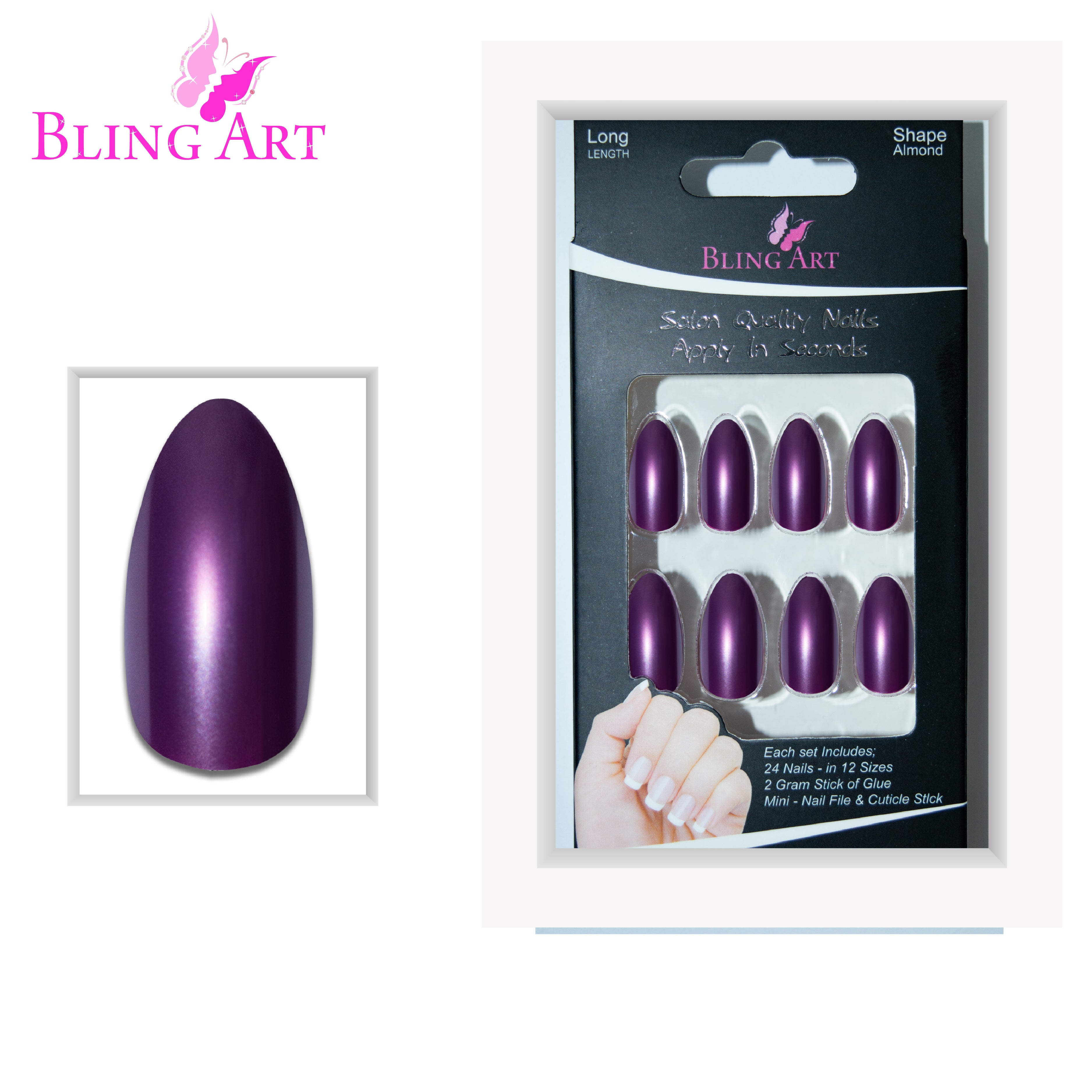 False Nails by Bling Art Purple Polished Almond Stiletto Long Fake Acrylic Tips