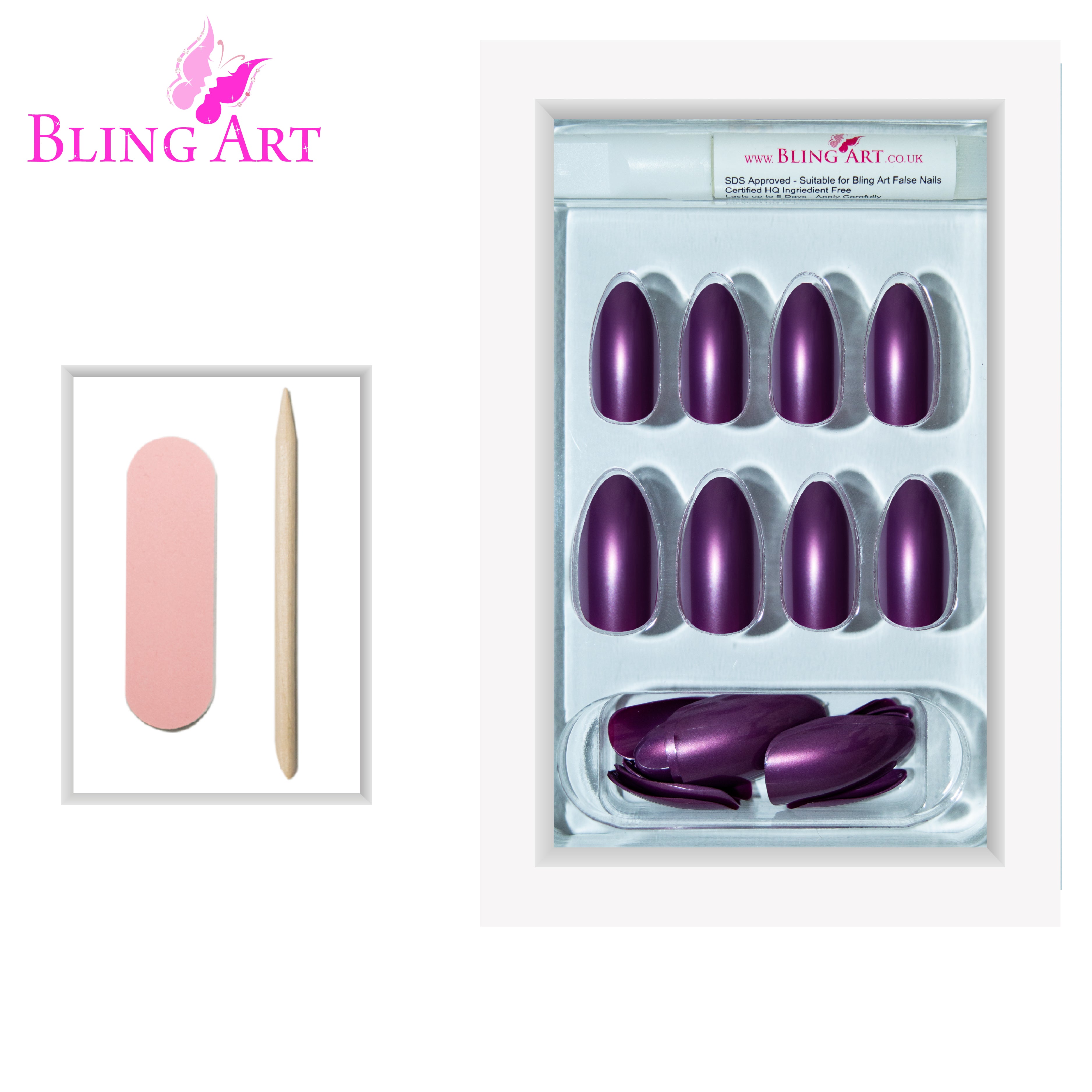 False Nails by Bling Art Purple Polished Almond Stiletto Long Fake Acrylic Tips