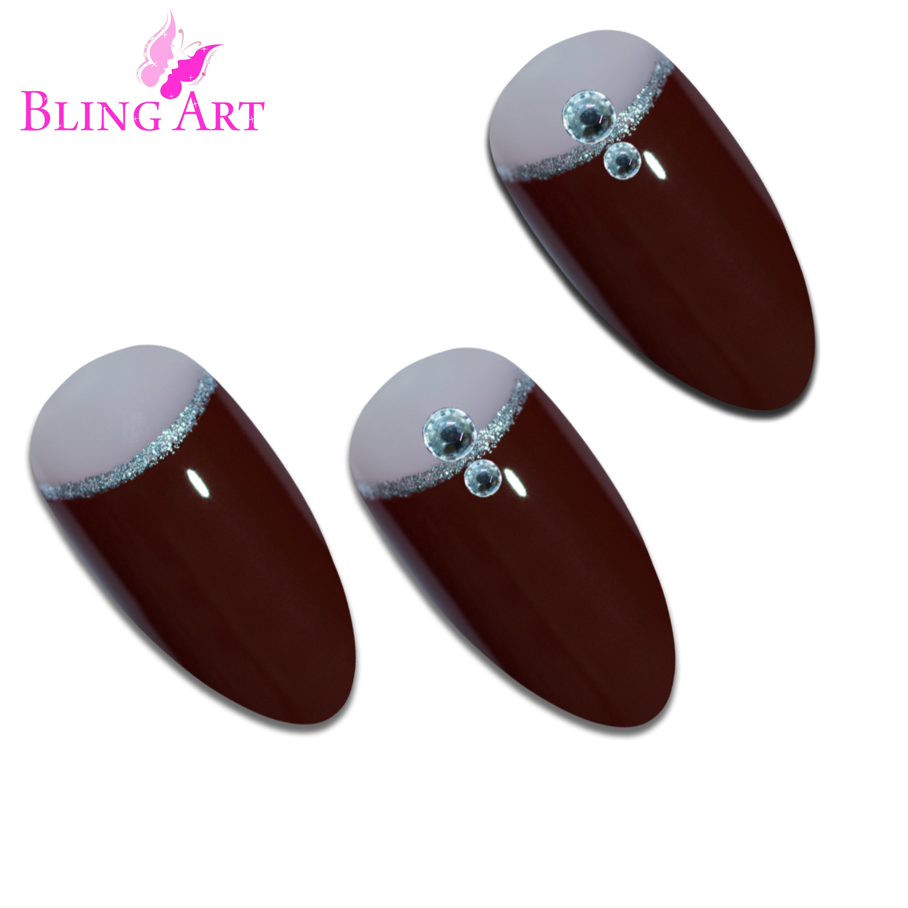 Red Brown almond stiletto Bling Art press-on nails — alternative angle revealing the bond line on the long almond stiletto shape.