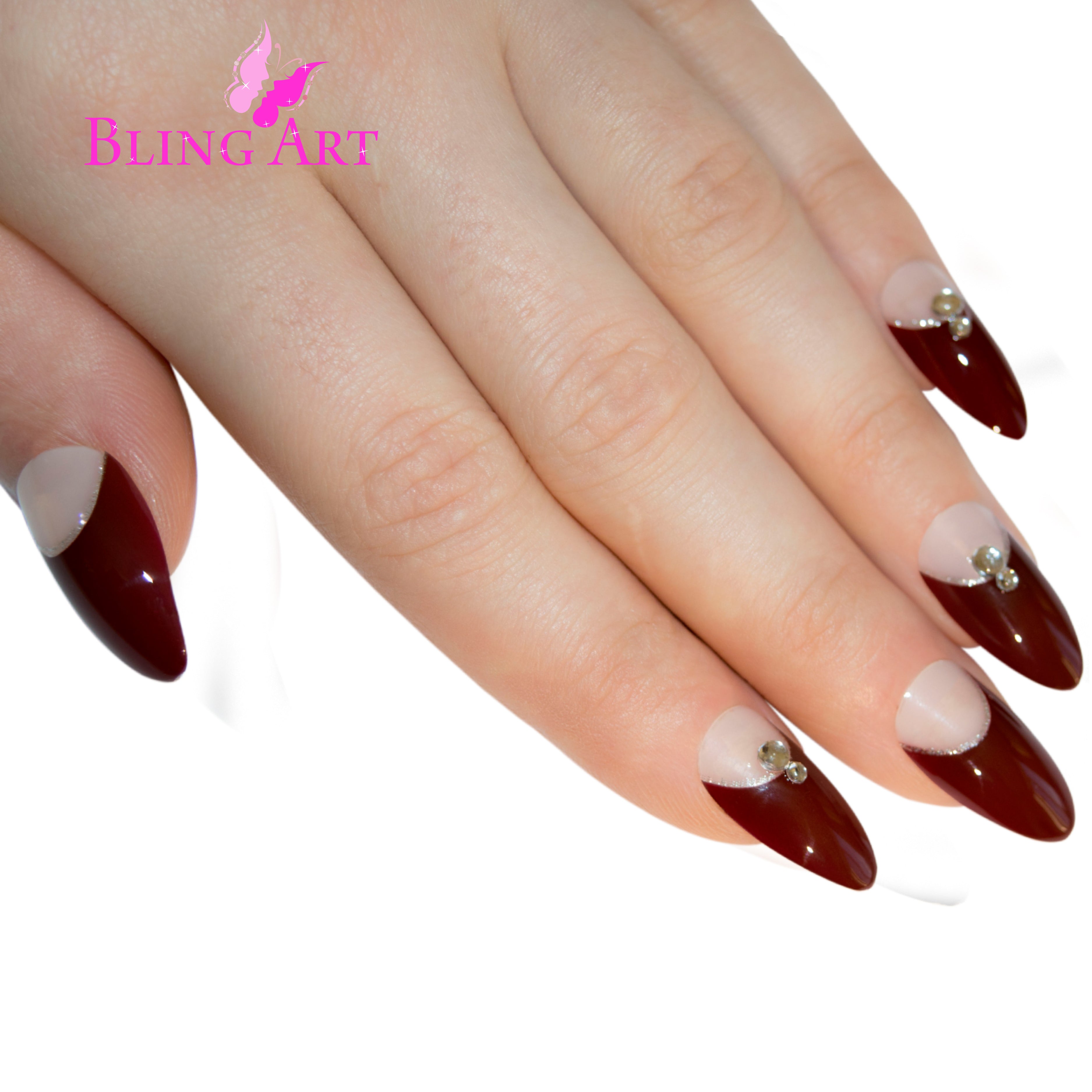 Red Brown almond stiletto Bling Art press-on nails — additional product view showing the chestnut long tip silhouette.