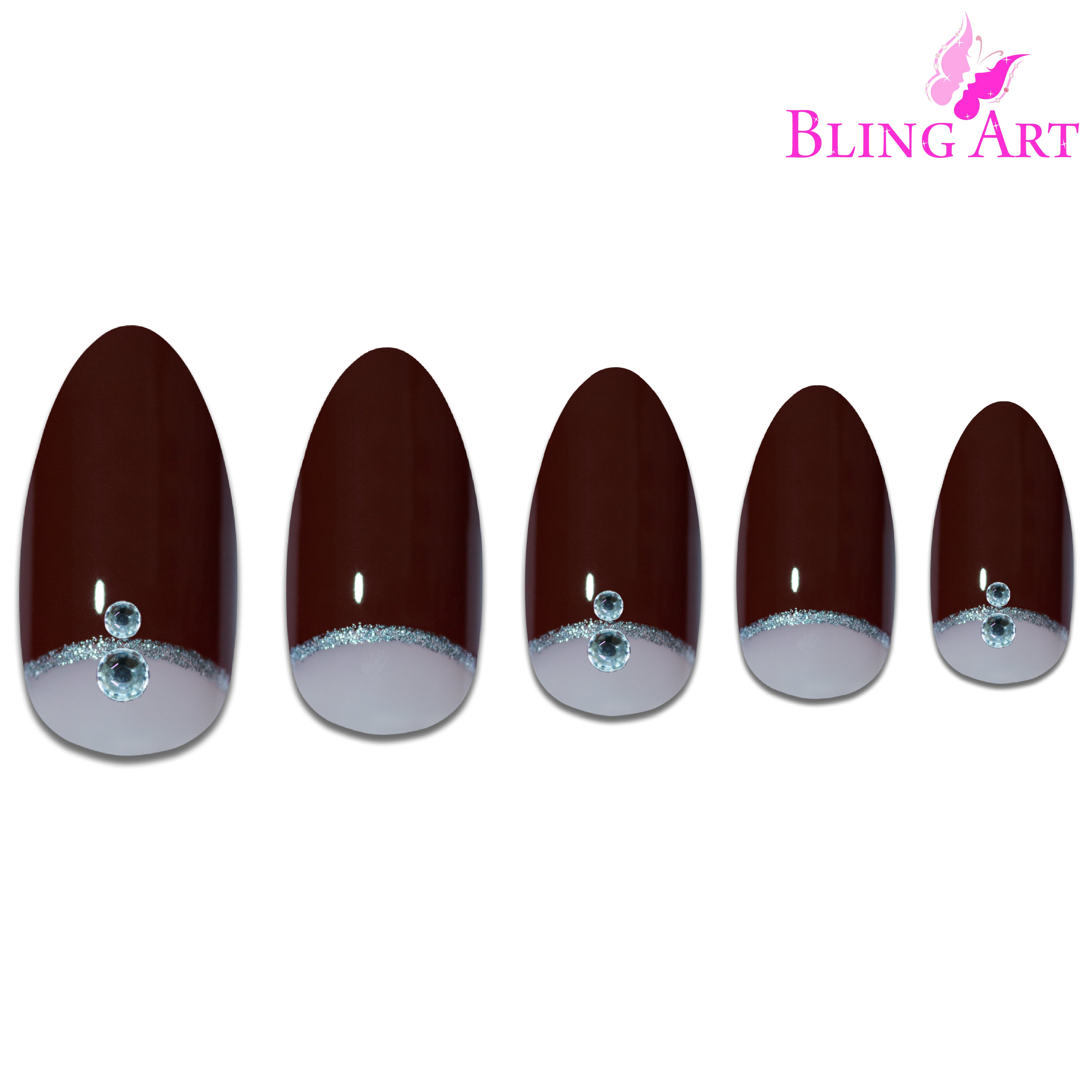 Red Brown almond stiletto Bling Art press-on nails — full-hand reveal showing all 24 nails for autumnal seasonal events.