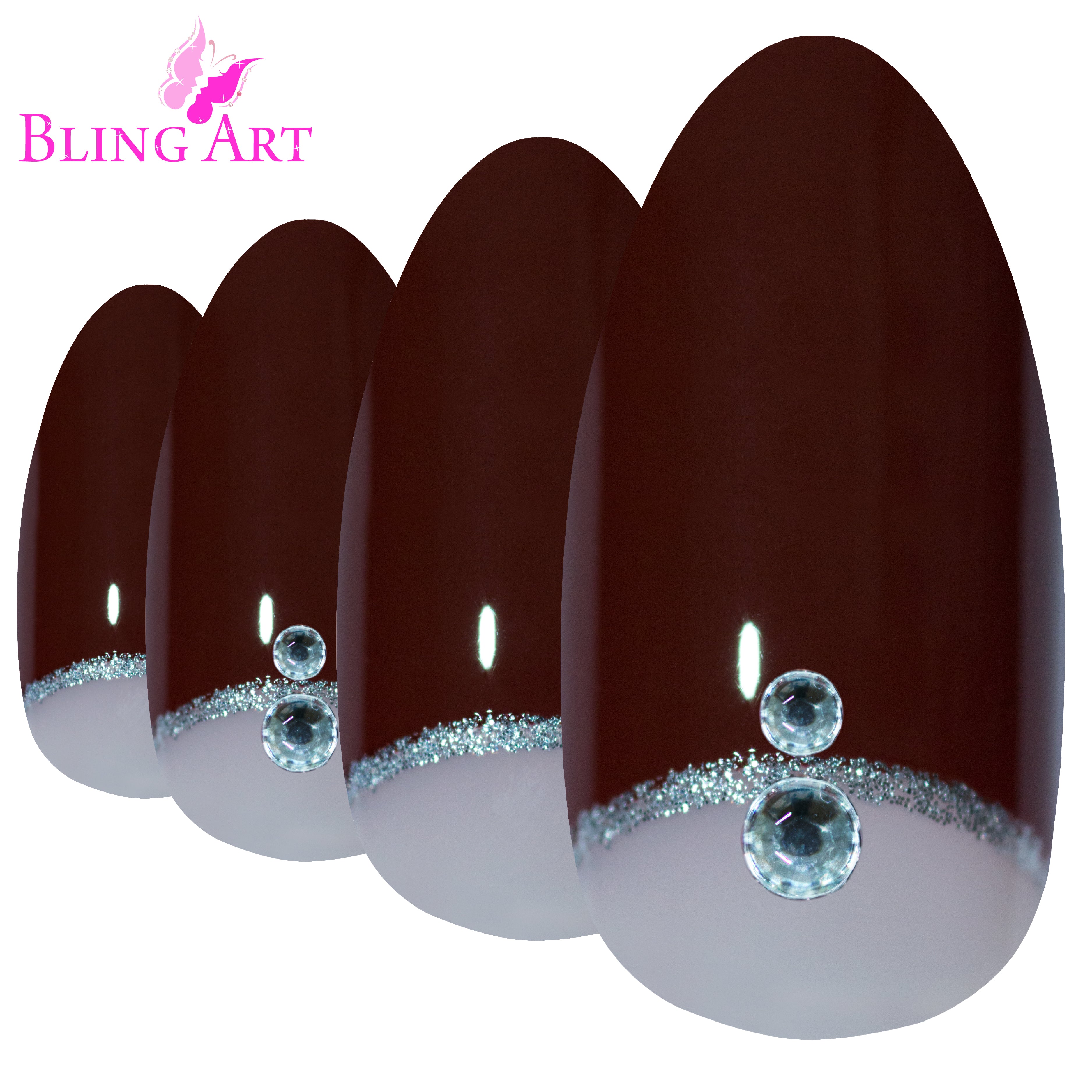 Red Brown almond stiletto Bling Art press-on nails — worn-hand close-up showing the chestnut red-brown finish on long pointed almond stiletto tips. Almond = Stiletto (same shape).