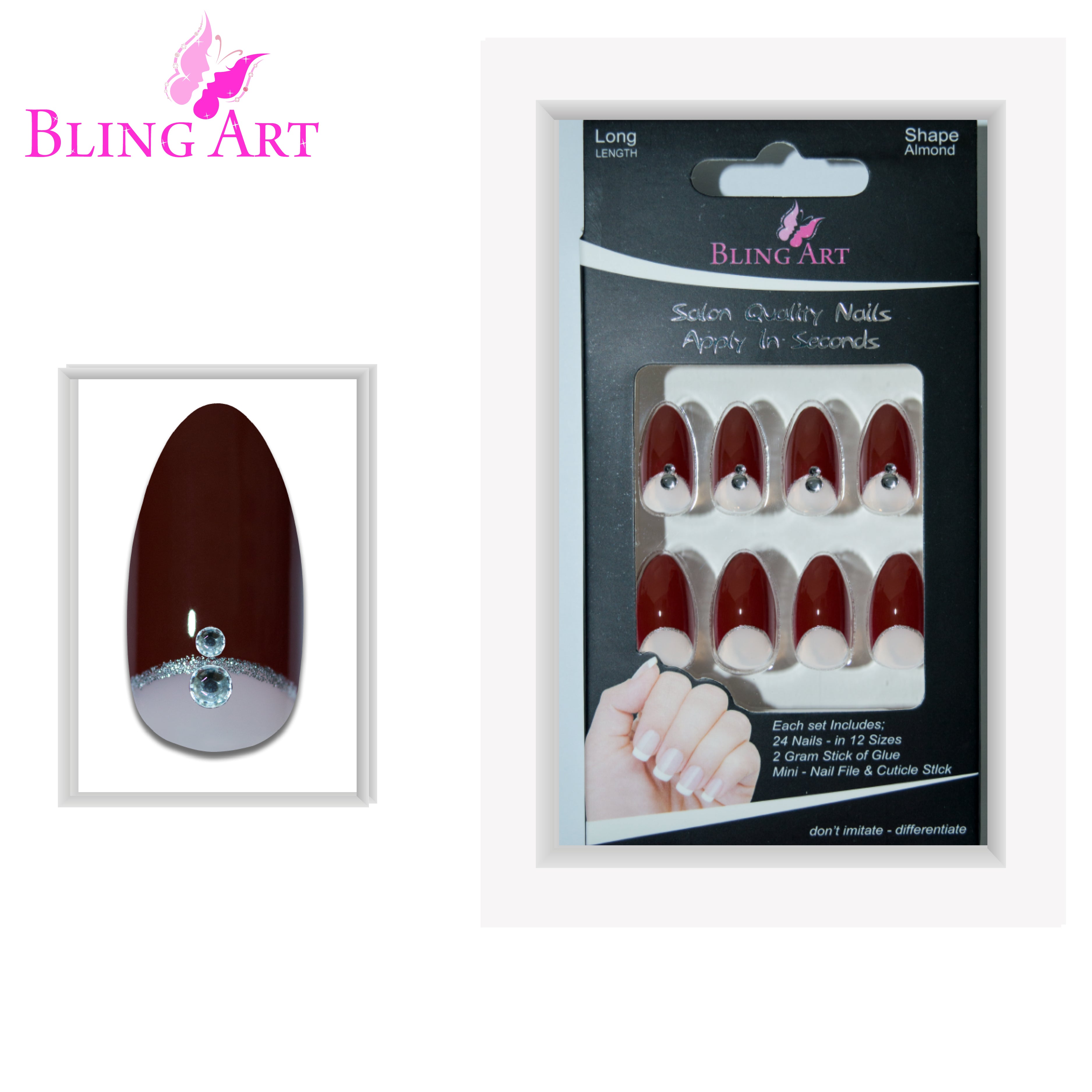 Red Brown almond stiletto Bling Art press-on nails — lifestyle context shot showing the warm chestnut autumnal finish.