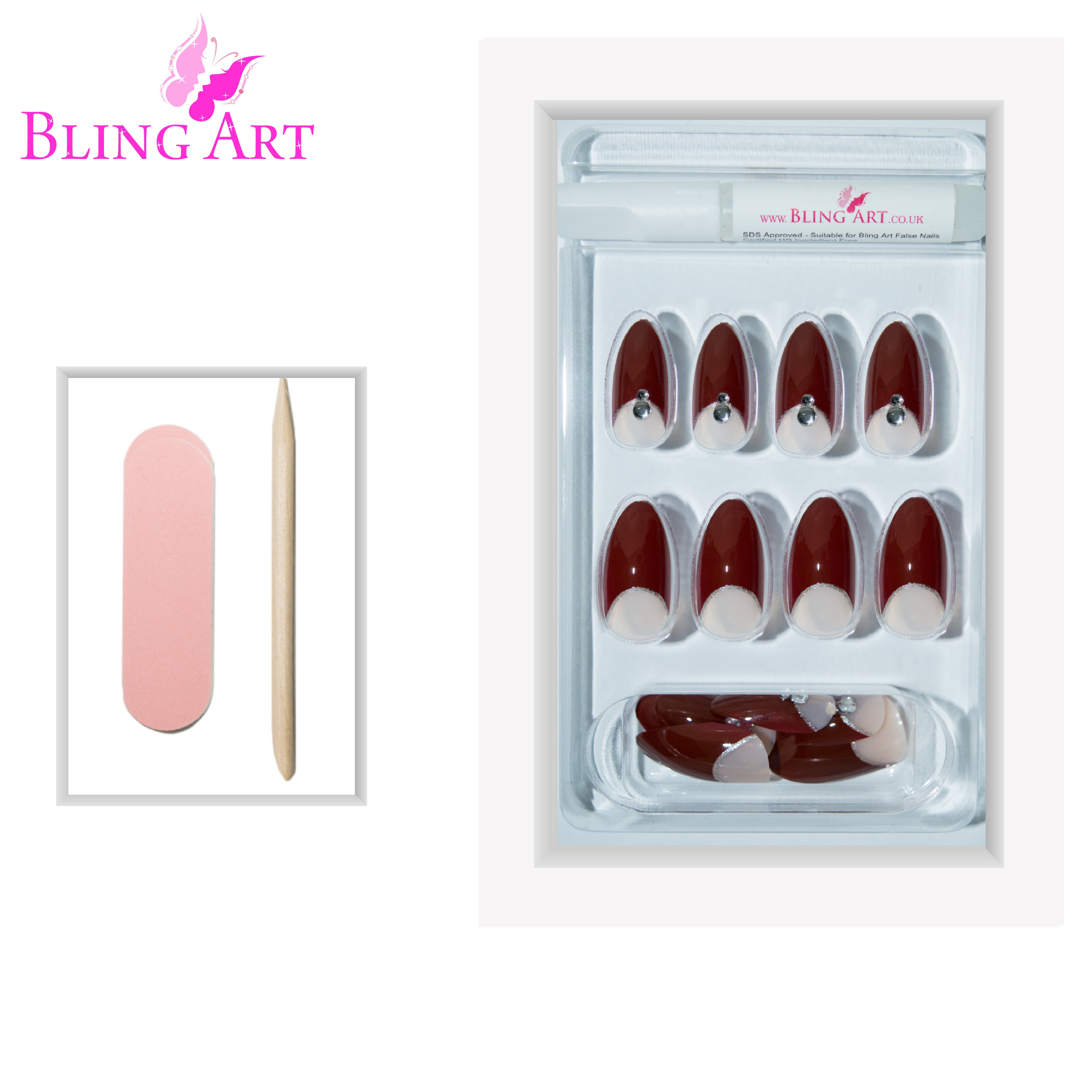 Bling Art Red Brown almond stiletto press-on nail set packaging — 24 nails, 12 sizes XS-XXL, file and cuticle stick included. Glue not included.