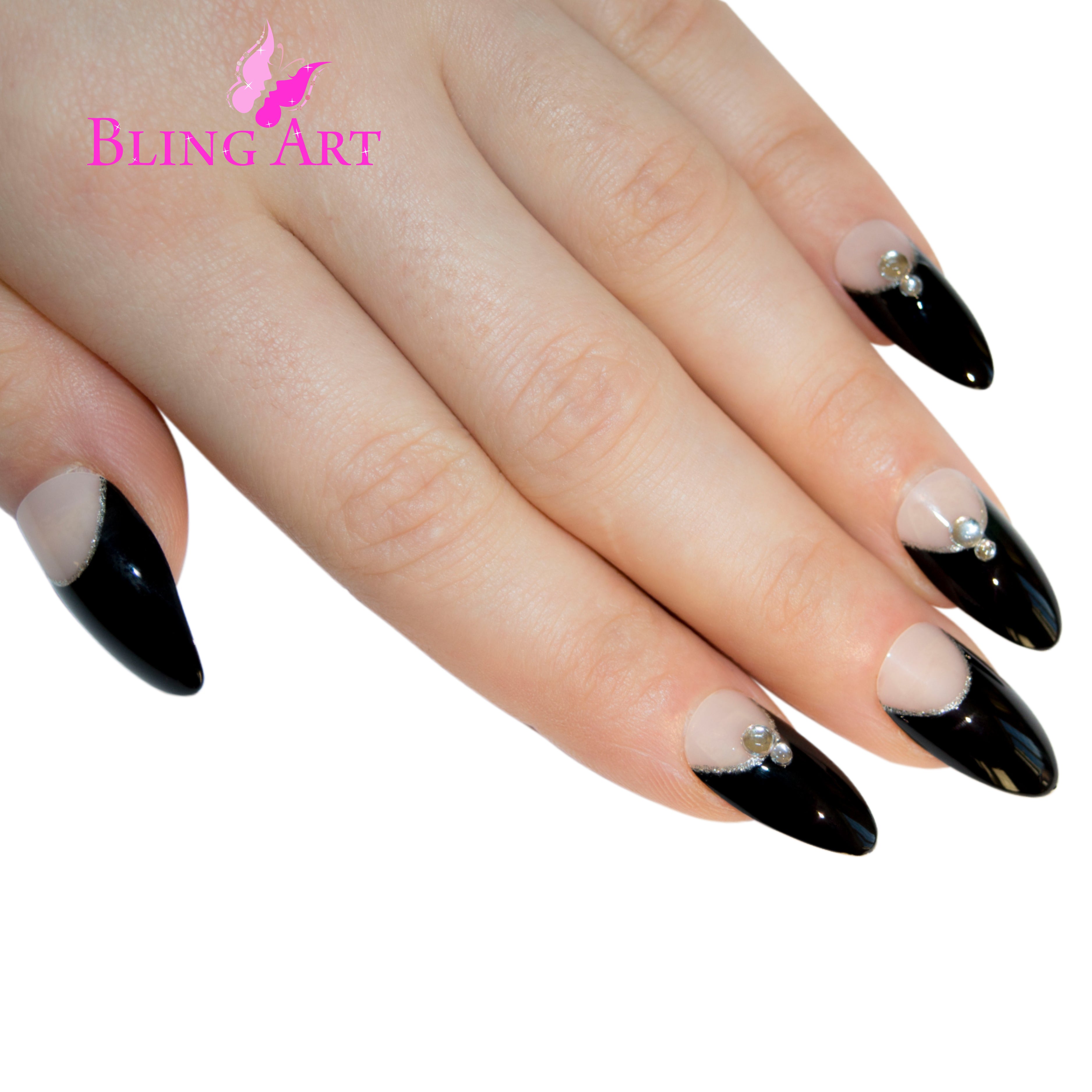 Black glitter almond stiletto Bling Art press-on nails — lifestyle context shot showing the bold crystal-cut sparkle finish.