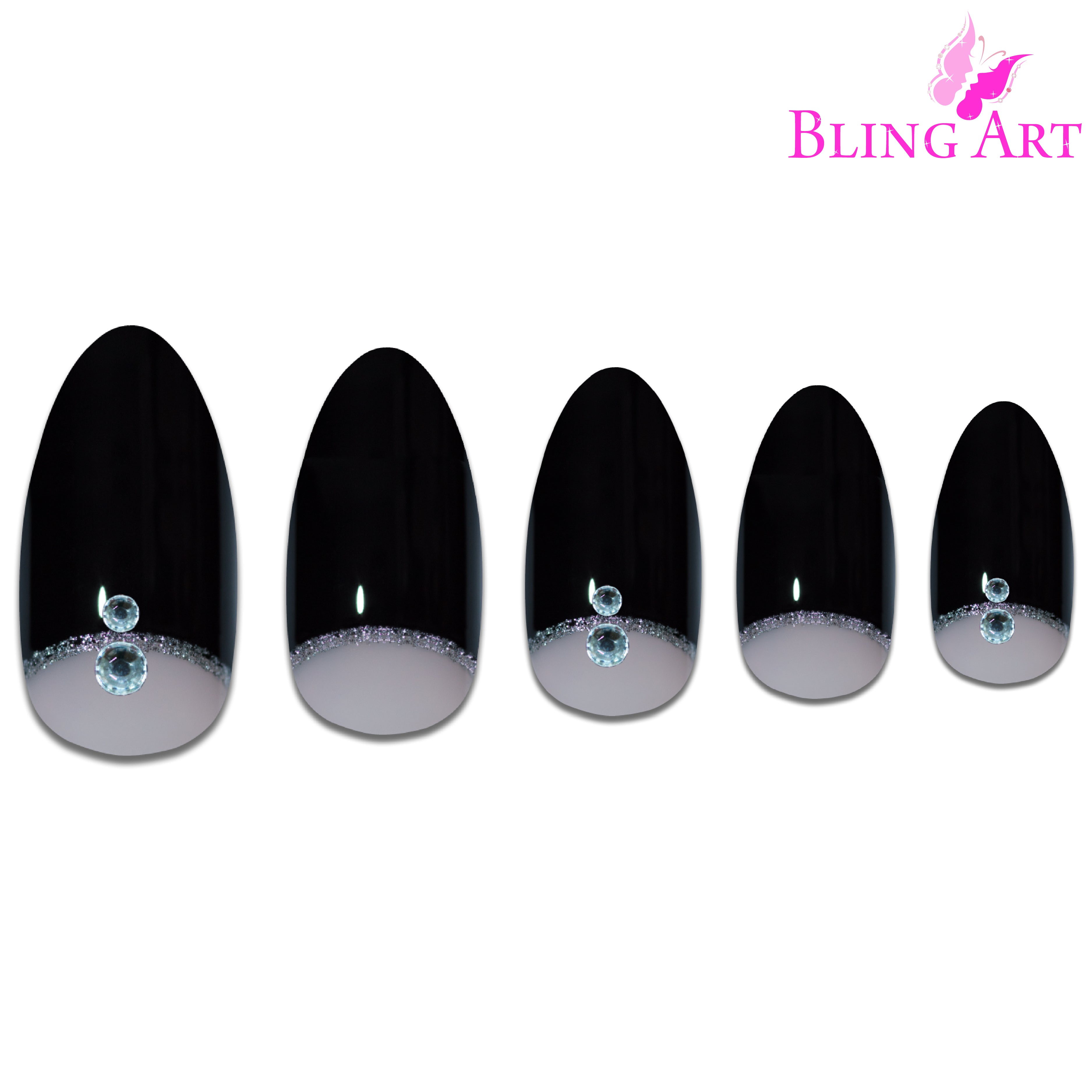 Black glitter almond stiletto Bling Art press-on nails — alternative angle revealing the glitter density on the long almond stiletto shape.