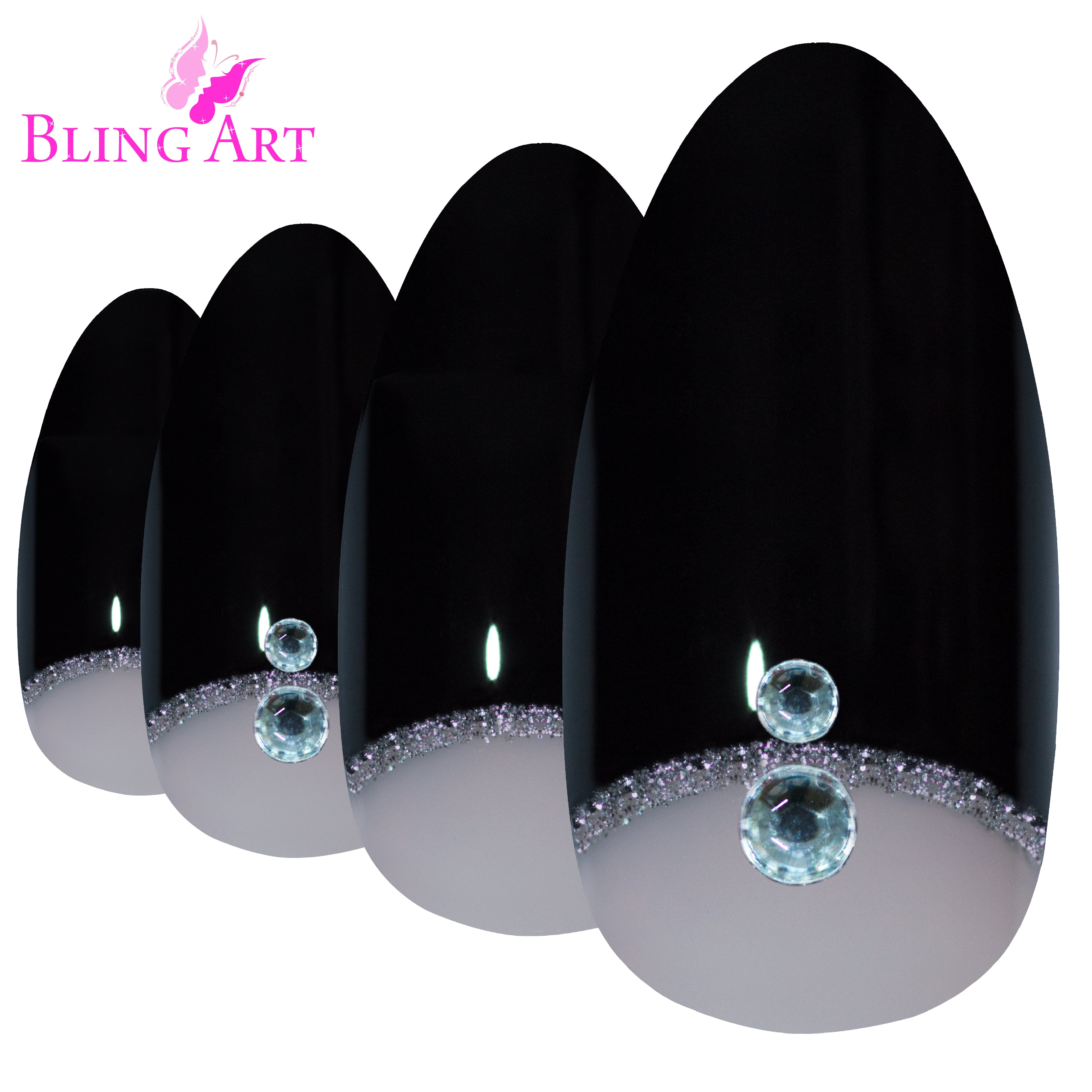 Black glitter almond stiletto Bling Art press-on nails — worn-hand close-up showing the crystal-cut black glitter on long pointed almond stiletto tips. Almond = Stiletto (same shape).
