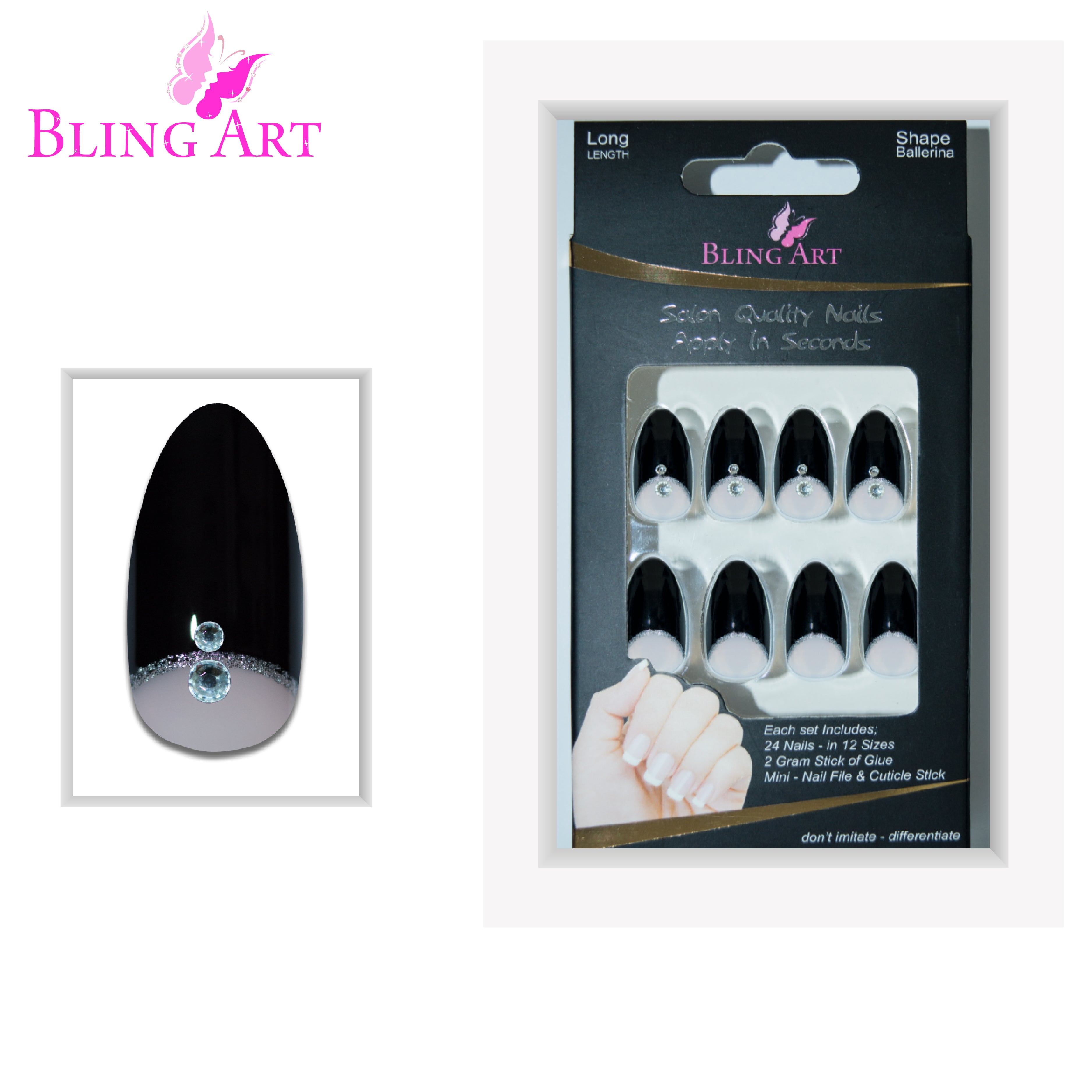 Black glitter almond stiletto Bling Art press-on nails — full-hand reveal showing all 24 nails for parties, NYE and statement events.