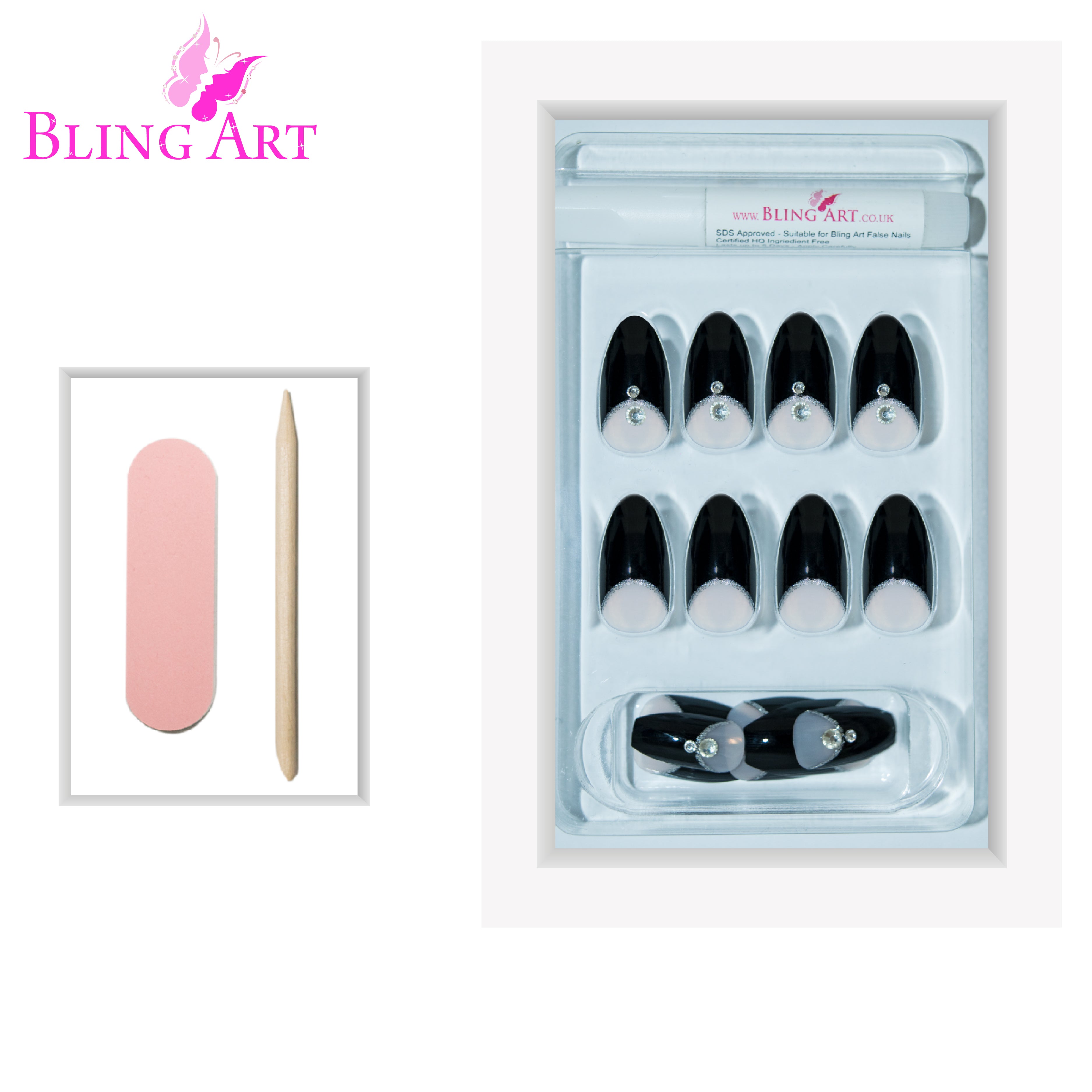 Bling Art Black glitter almond stiletto press-on nail set packaging — 24 nails, 12 sizes XS-XXL, file and cuticle stick included. Glue not included.