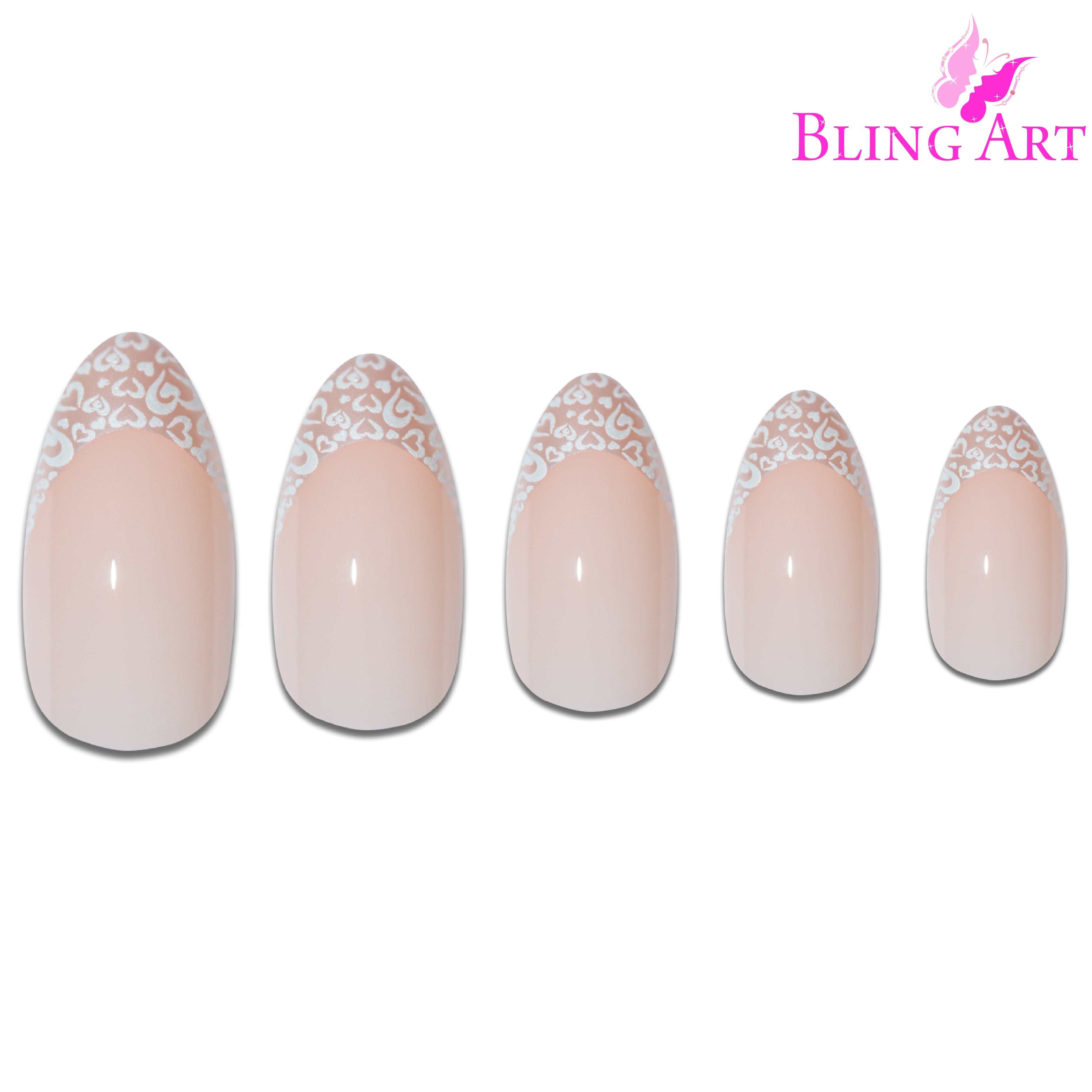 White Hearts almond stiletto Bling Art press-on nails — worn-hand close-up showing the pearl-white heart-pattern detail on long almond stiletto tips.
