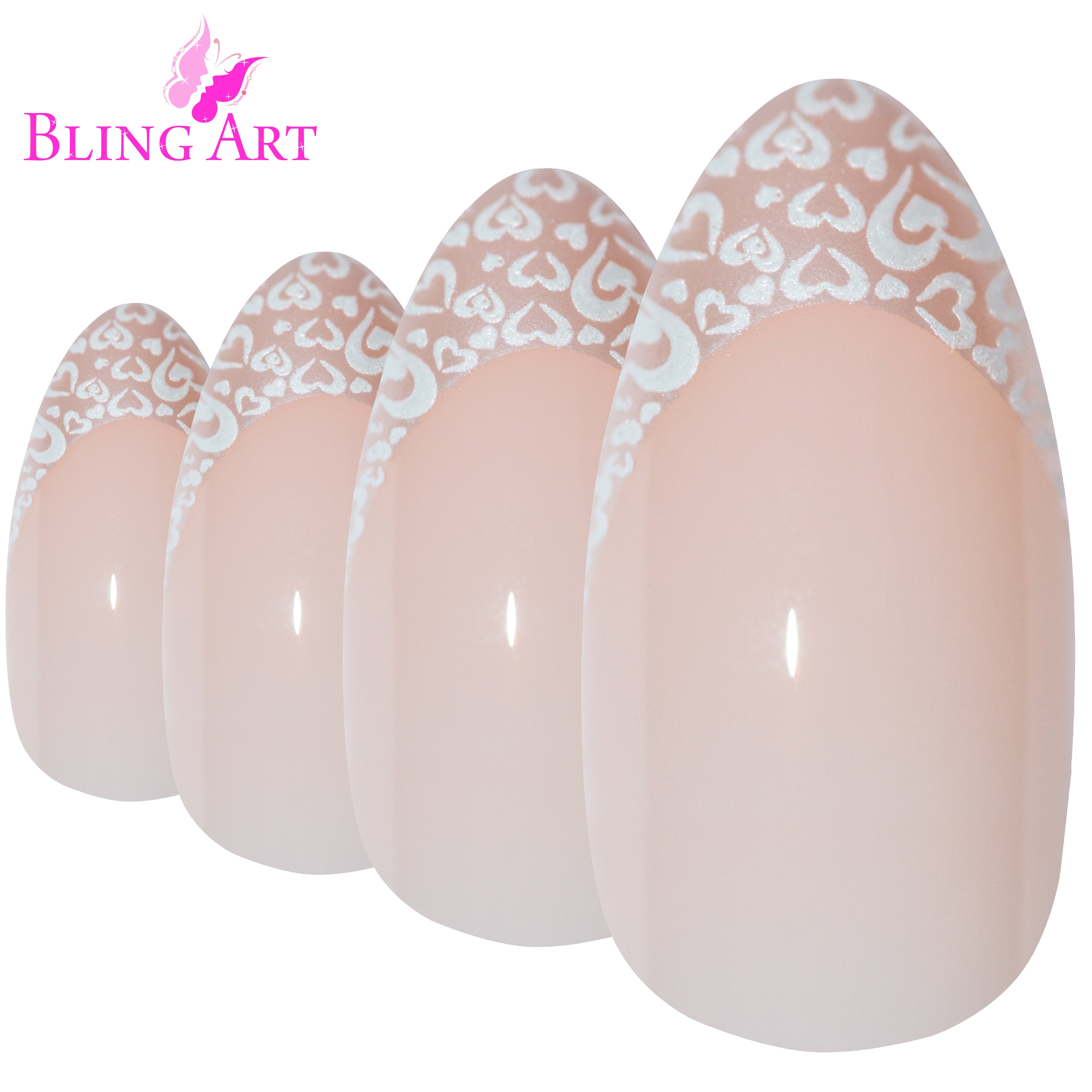 White Hearts almond stiletto long press-on false nails by Bling Art — playful pearl-white base with heart-pattern detail for Valentine's, date nights and bridal events. 24 nails, 12 sizes XS-XXL, no UV lamp. Designed in Yorkshire UK. Almond = Stiletto (same shape).