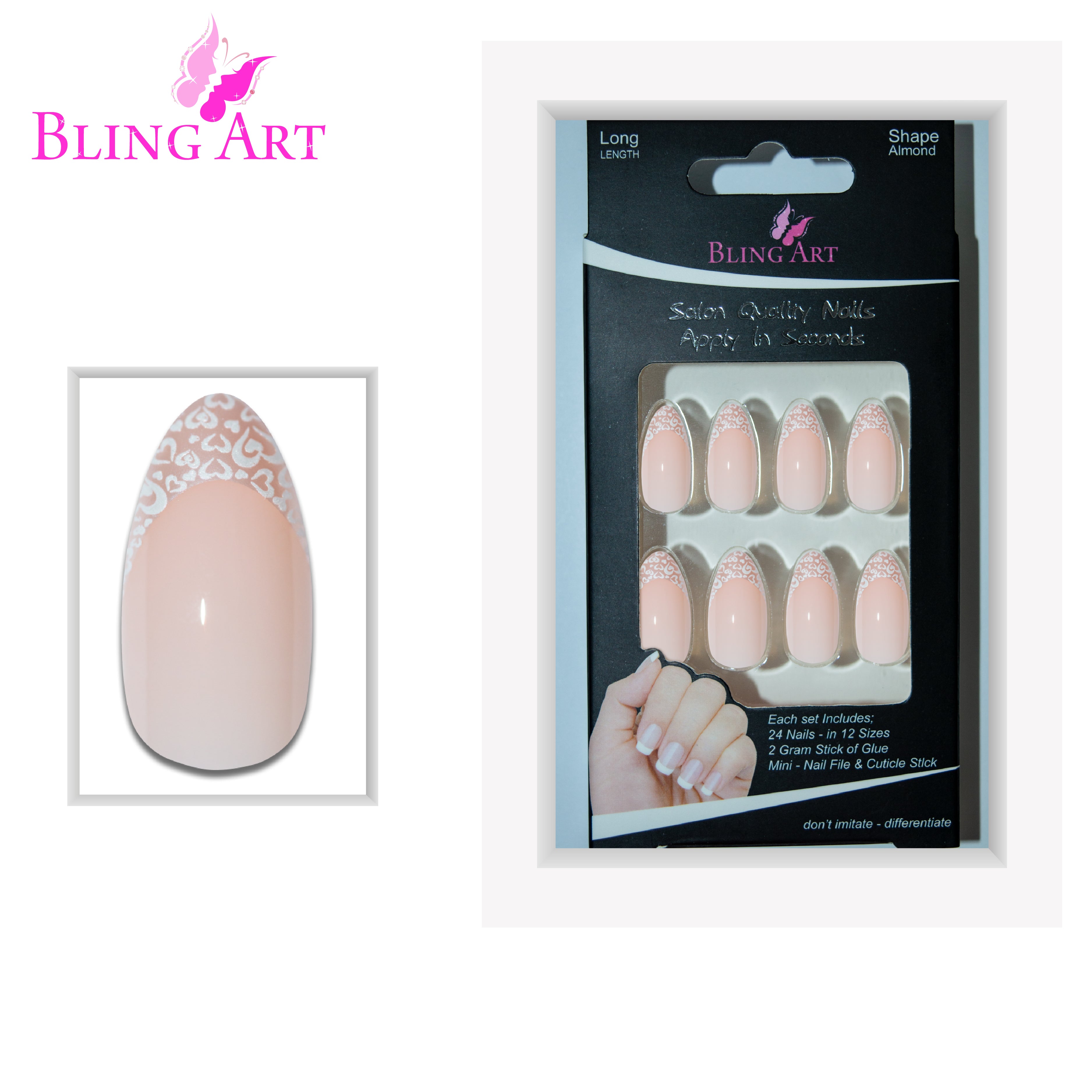 White Hearts almond stiletto Bling Art press-on nails — alternative angle revealing the heart-pattern detail on the long almond stiletto shape.