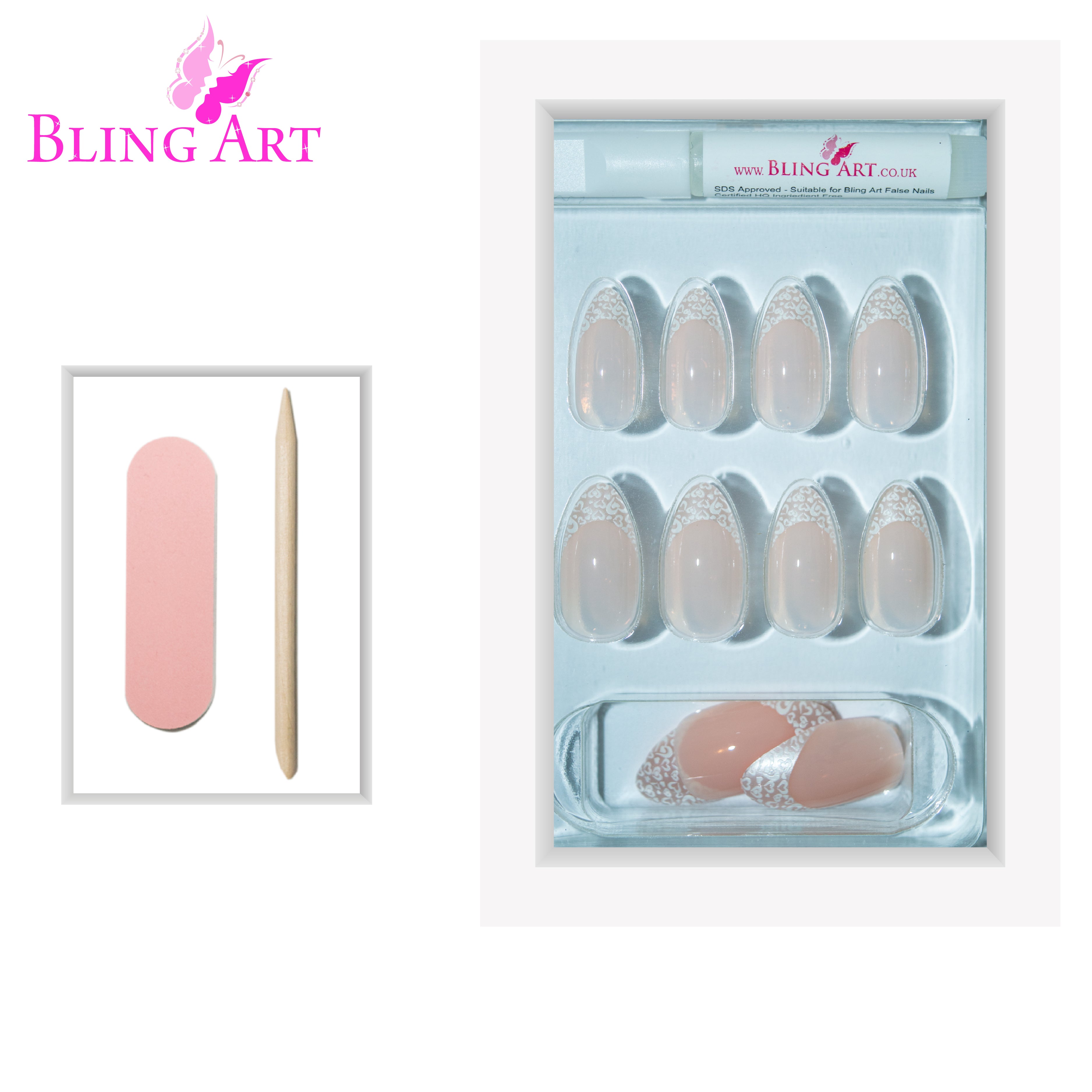 White Hearts almond stiletto Bling Art press-on nails — full-hand reveal showing all 24 nails for Valentine's and date nights.