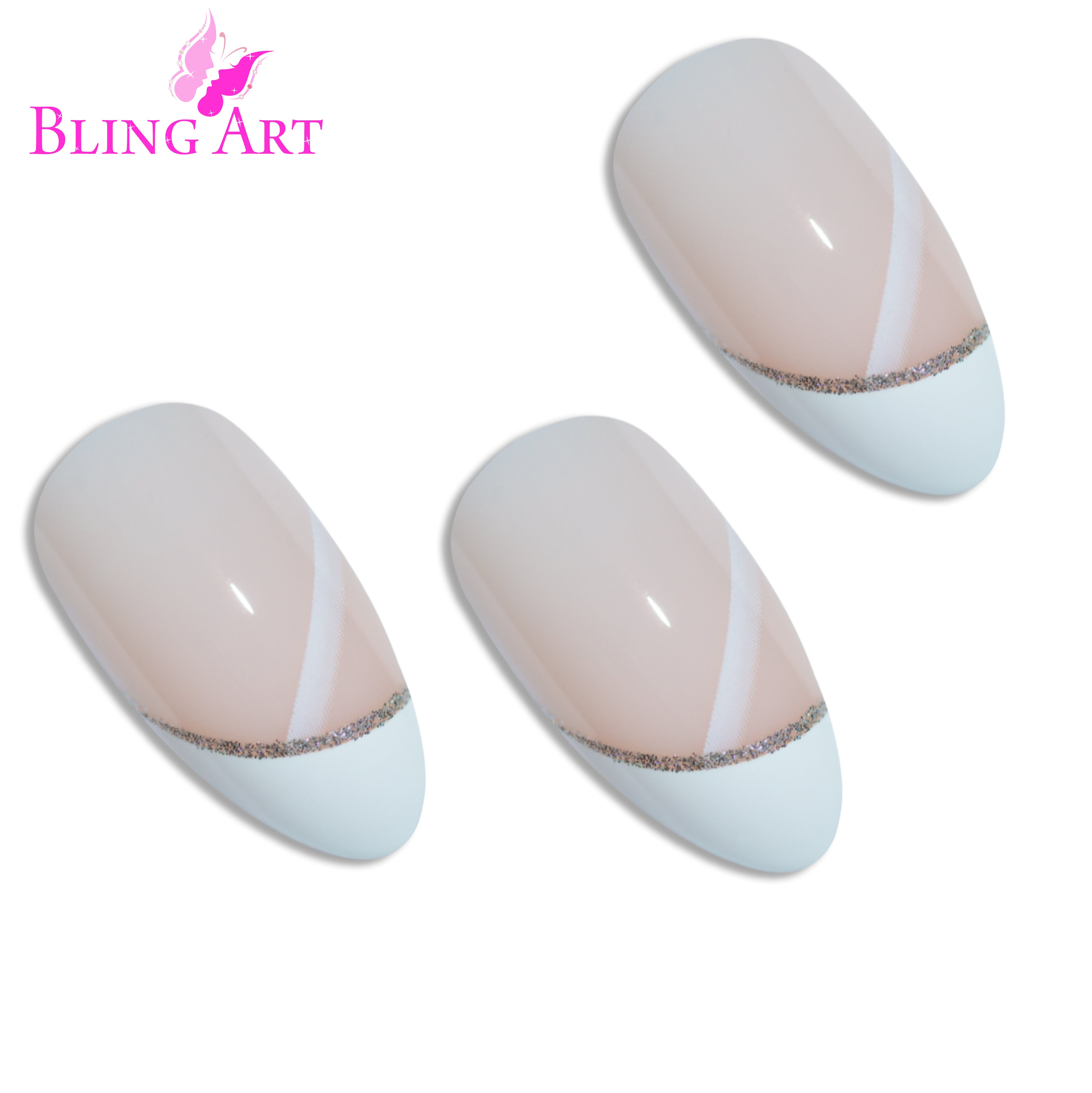 White glitter almond stiletto Bling Art press-on nails — alternative angle revealing the glitter density on the long almond stiletto shape.