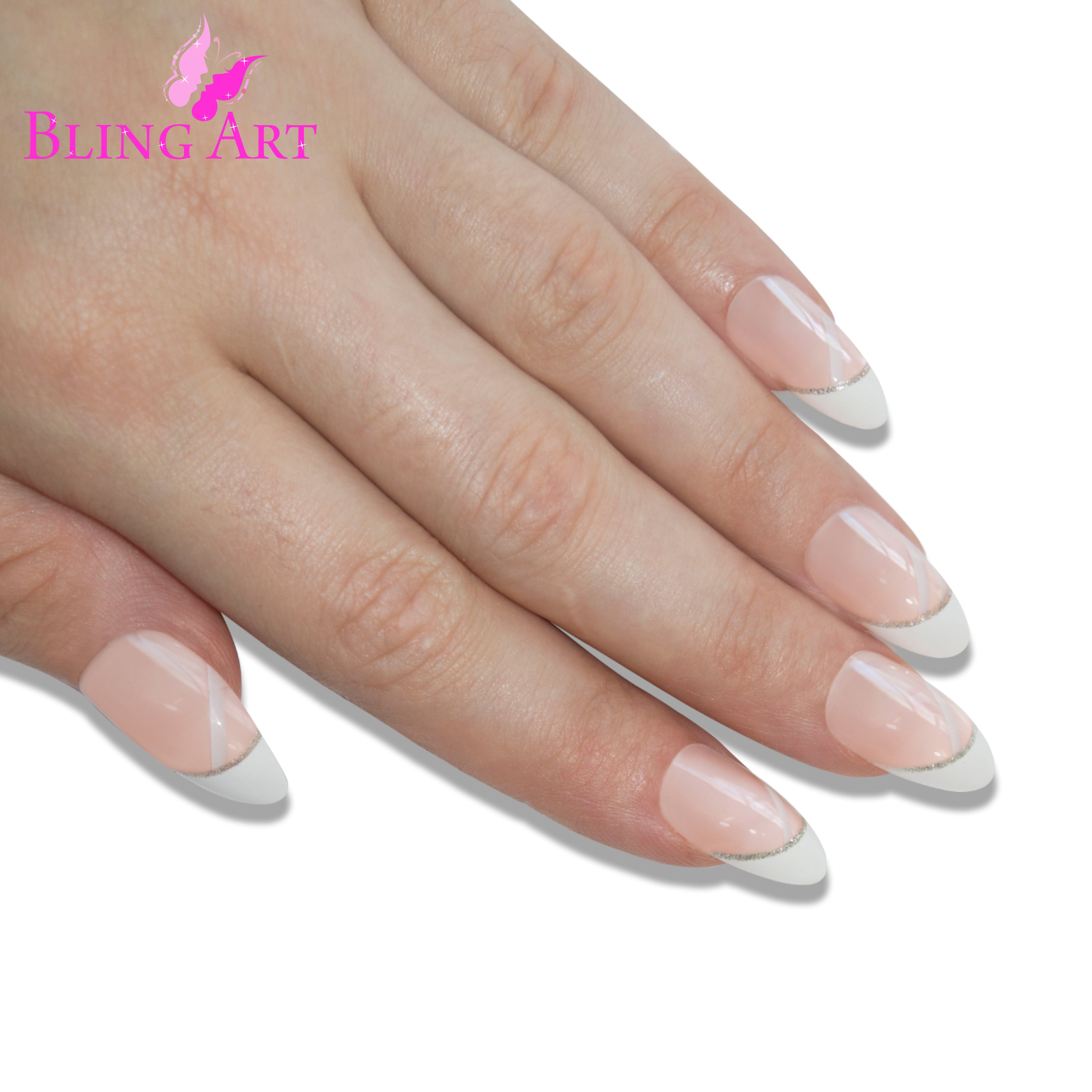 White glitter almond stiletto Bling Art press-on nails — full-hand reveal showing all 24 nails for weddings and romantic occasions.