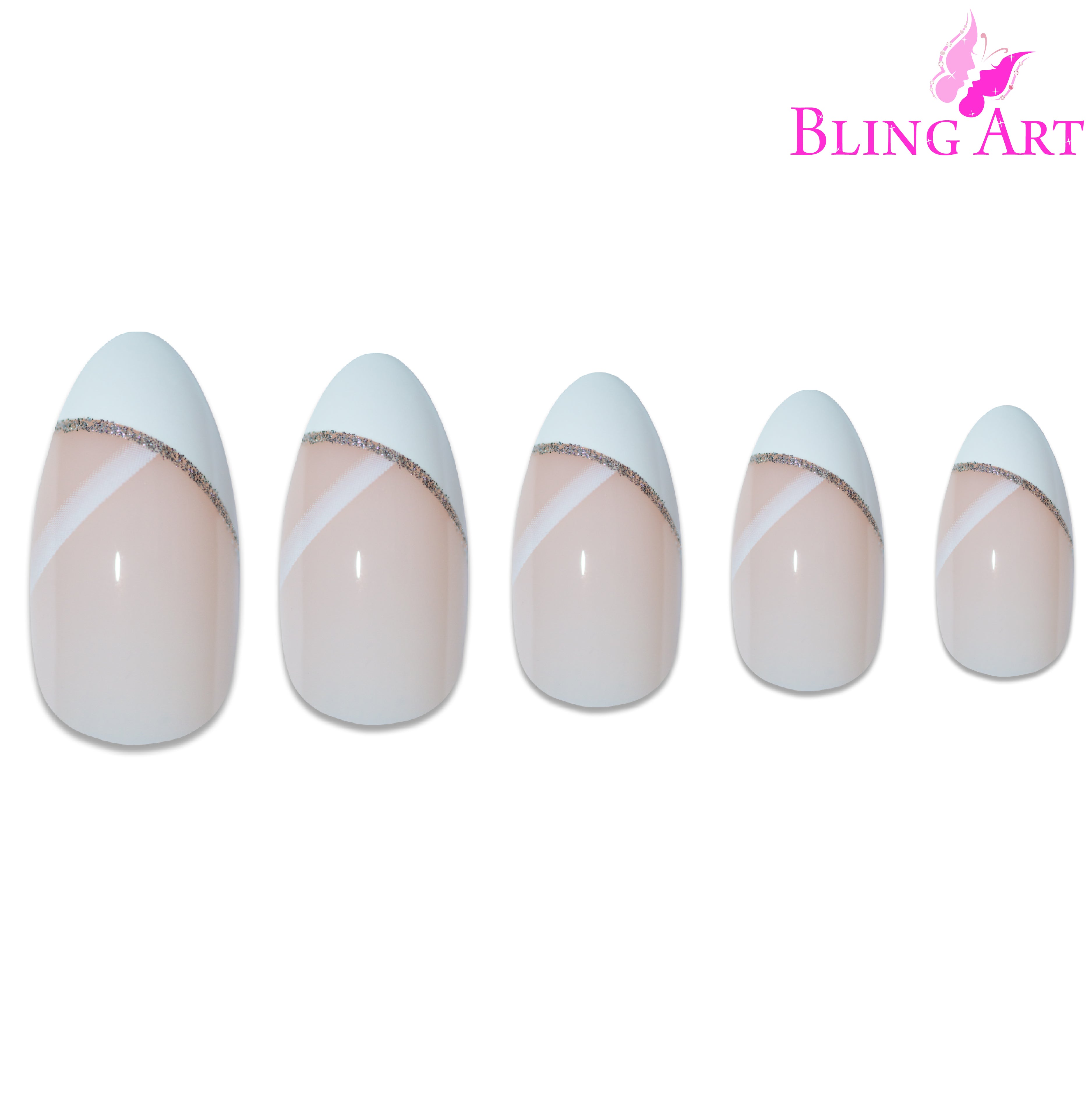 White glitter almond stiletto Bling Art press-on nails — worn-hand close-up showing the pearl-white sparkle on long pointed almond stiletto tips. Almond = Stiletto (same shape).