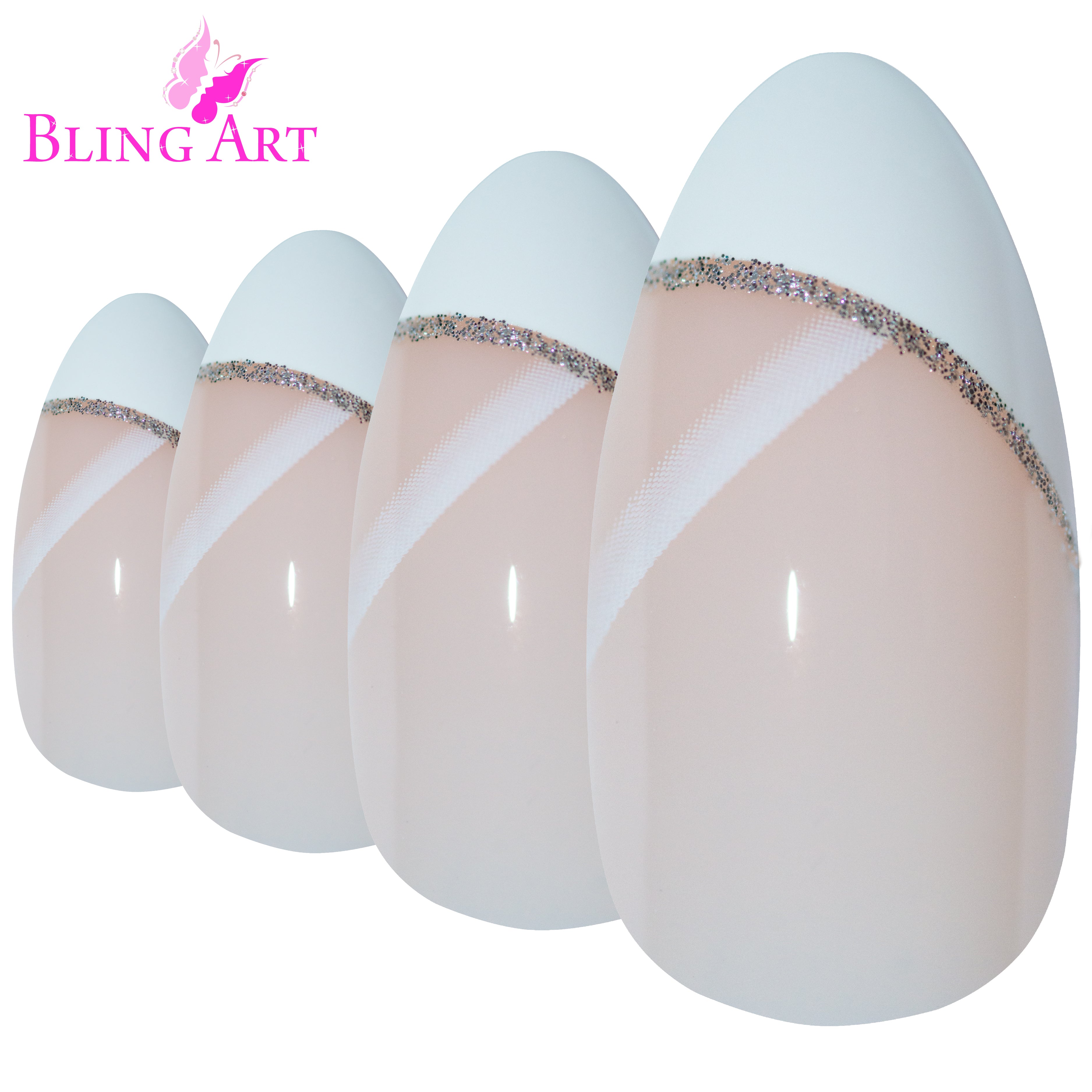 White glitter almond stiletto Bling Art press-on nails — additional product view showing the pearl-white sparkle long tip silhouette.