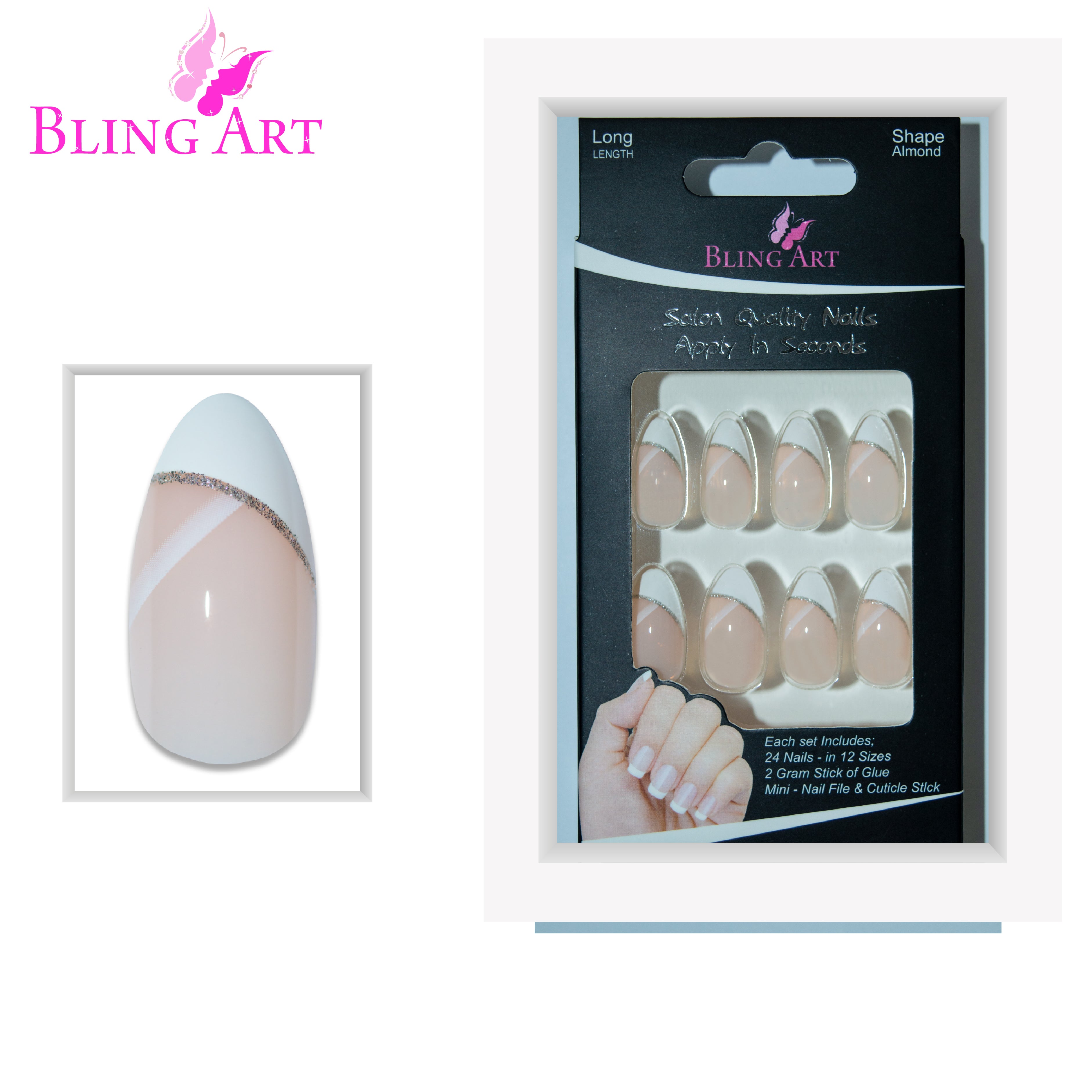 White glitter almond stiletto Bling Art press-on nails — lifestyle context shot showing the bridal-sparkle pearl-white finish.