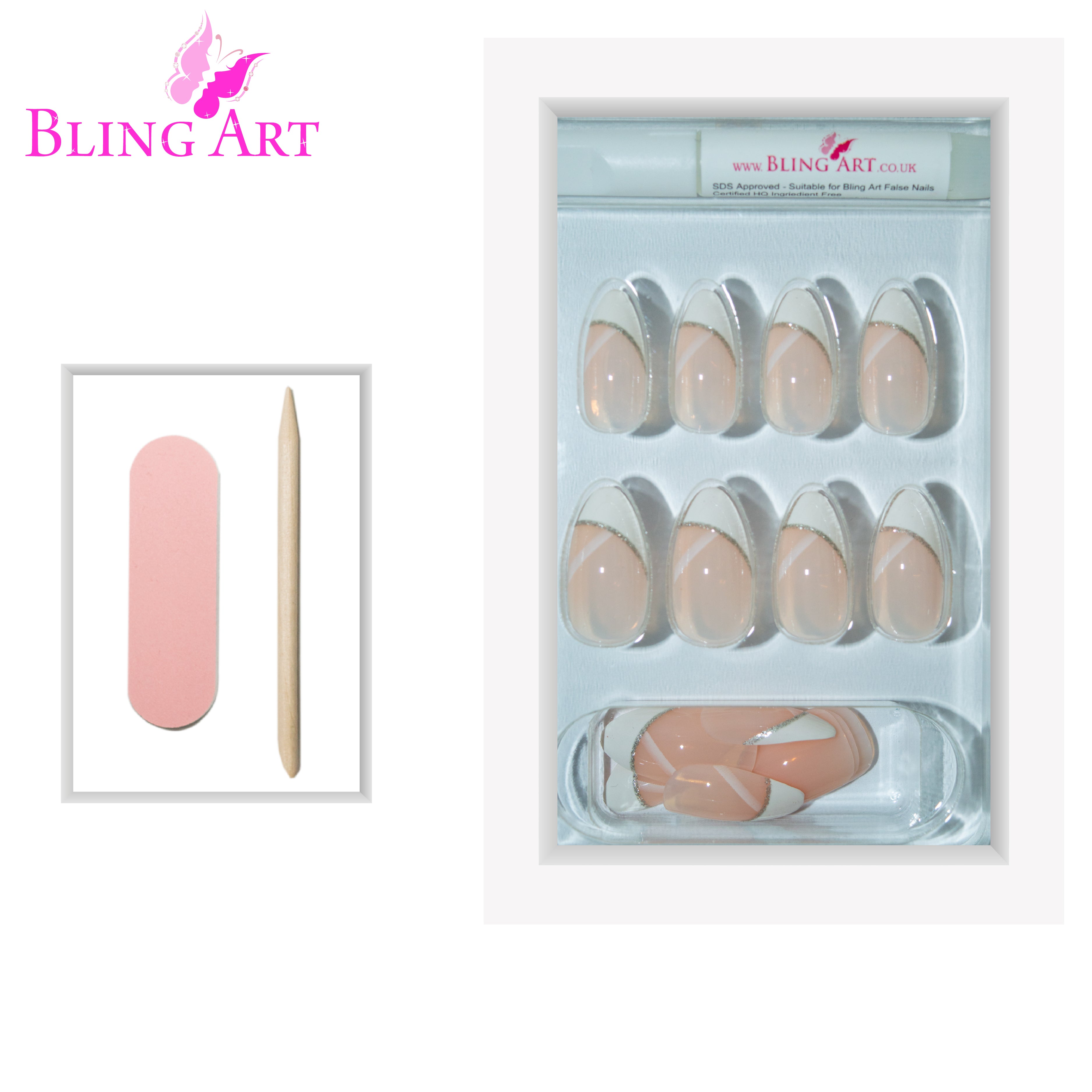 Bling Art White glitter almond stiletto press-on nail set packaging — 24 nails, 12 sizes XS-XXL, file and cuticle stick included. Glue not included.