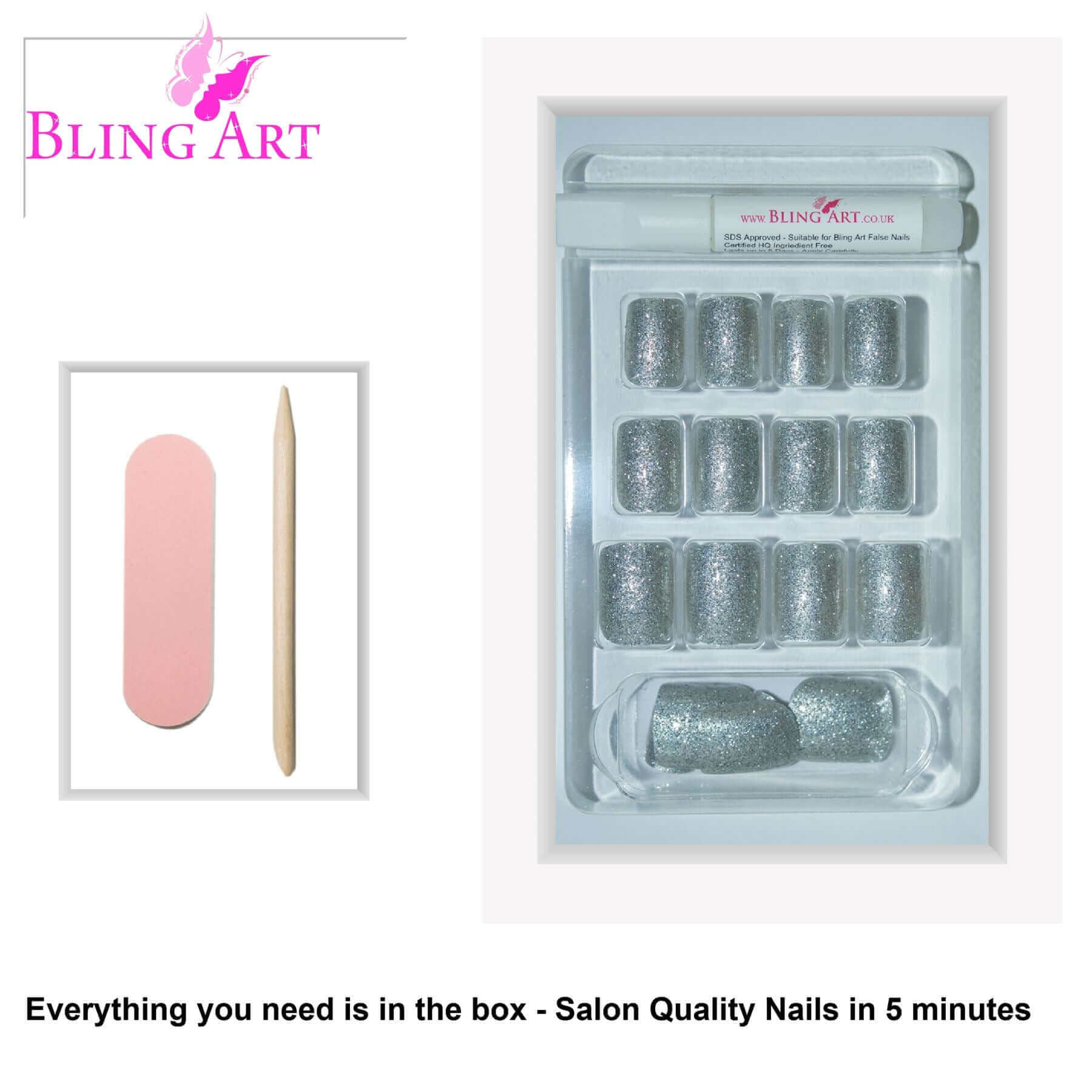 False Nails by Bling Art Silver Gel French Squoval 24 Fake Medium Acrylic Tips