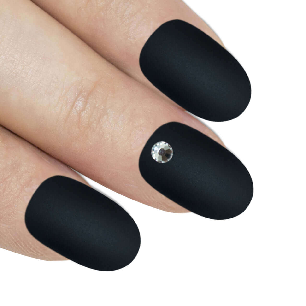 False Nails by Bling Art Black Matte Oval Medium Fake Acrylic 24 Tips with Glue on manicured fingers.