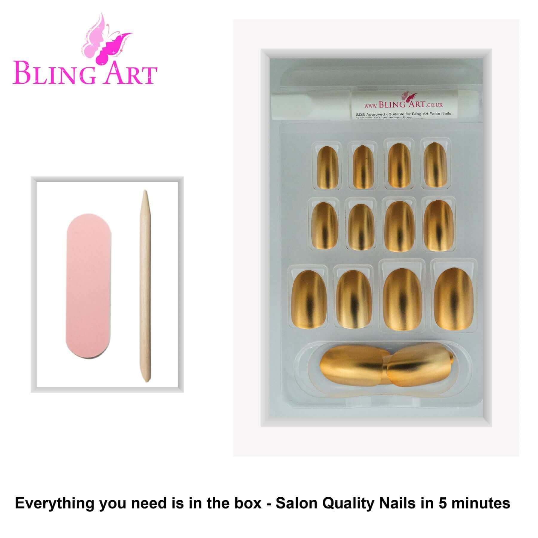 False Nails by Bling Art Gold Matte Metallic Oval Medium Fake Acrylic Tips Glue
