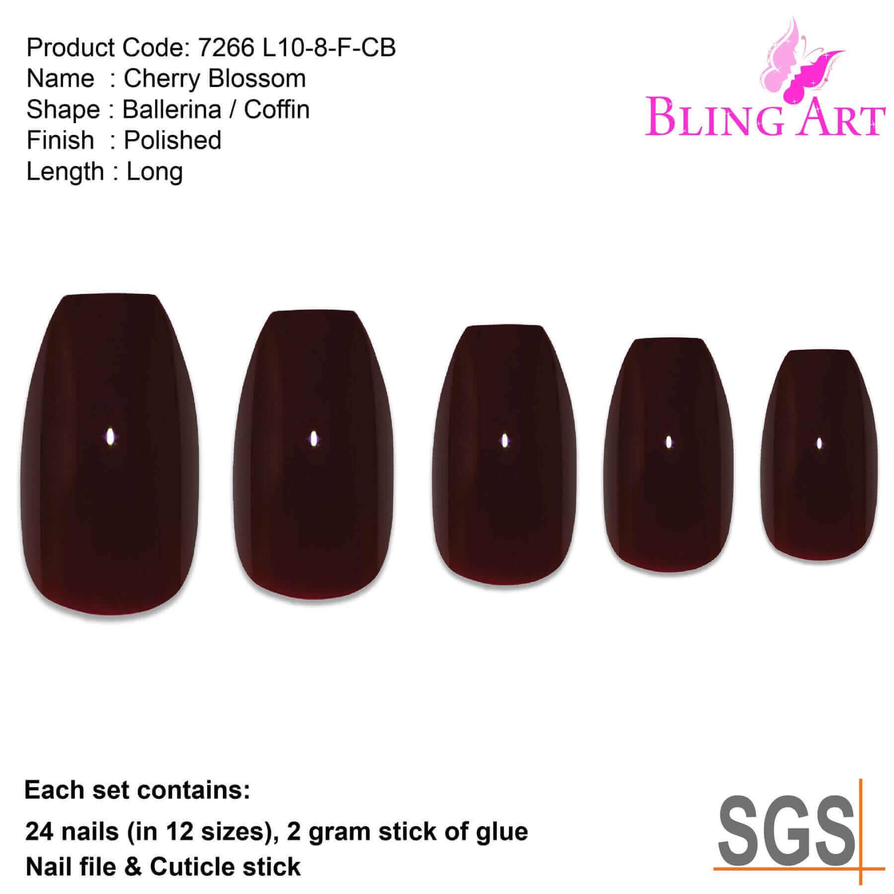 Multipack - False Nails by Bling Art Red Brown Polished Ballerina Long Medium Fake Tips