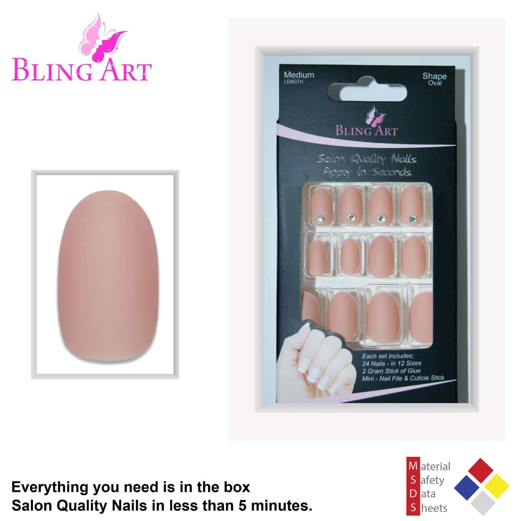 False Nails by Bling Art Beige Matte Oval Medium Fake Acrylic Tips Glue