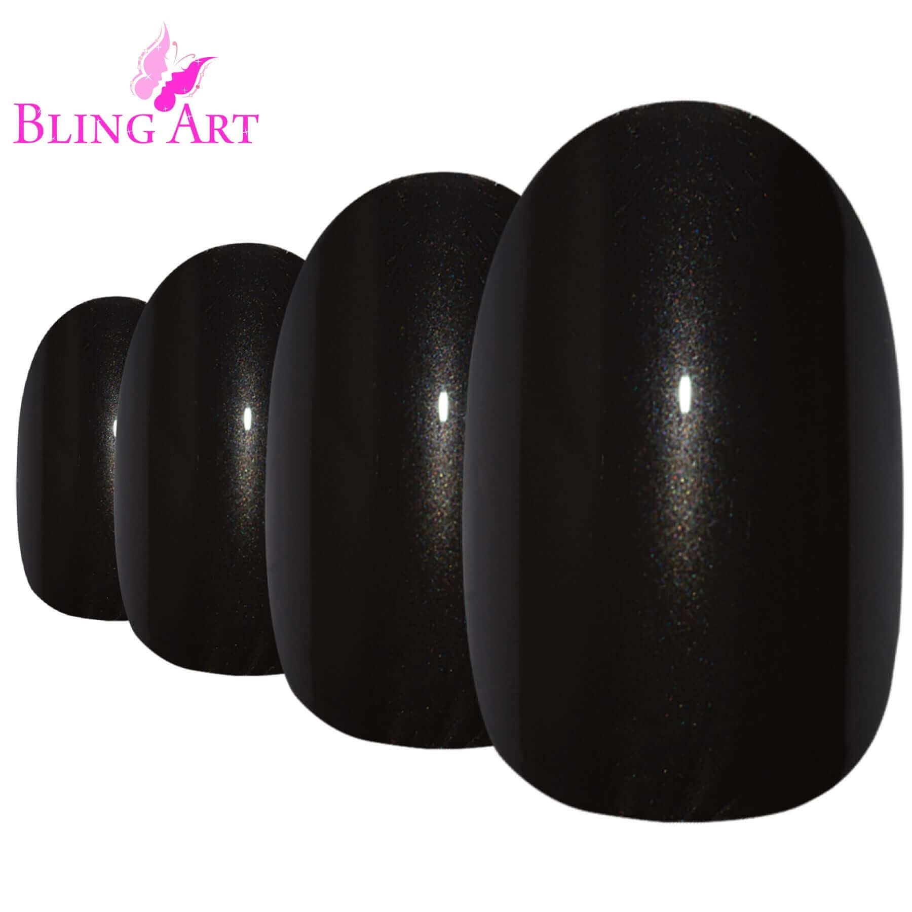False Nails by Bling Art Black Glitter Oval Medium Fake Acrylic 24 Tips with Glue in sleek black design.