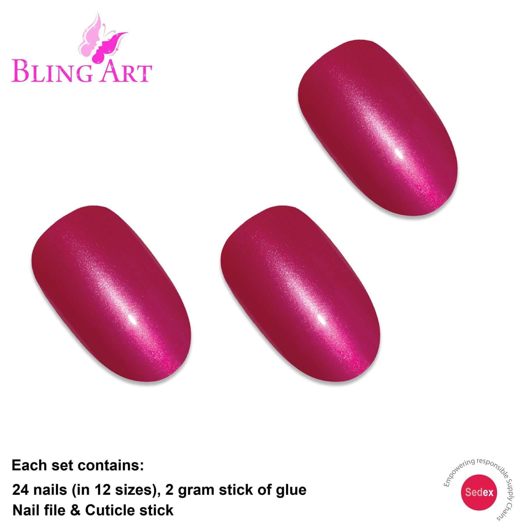 False Nails by Bling Art Red Matte Metallic Oval Medium Fake Acrylic Tips Glue