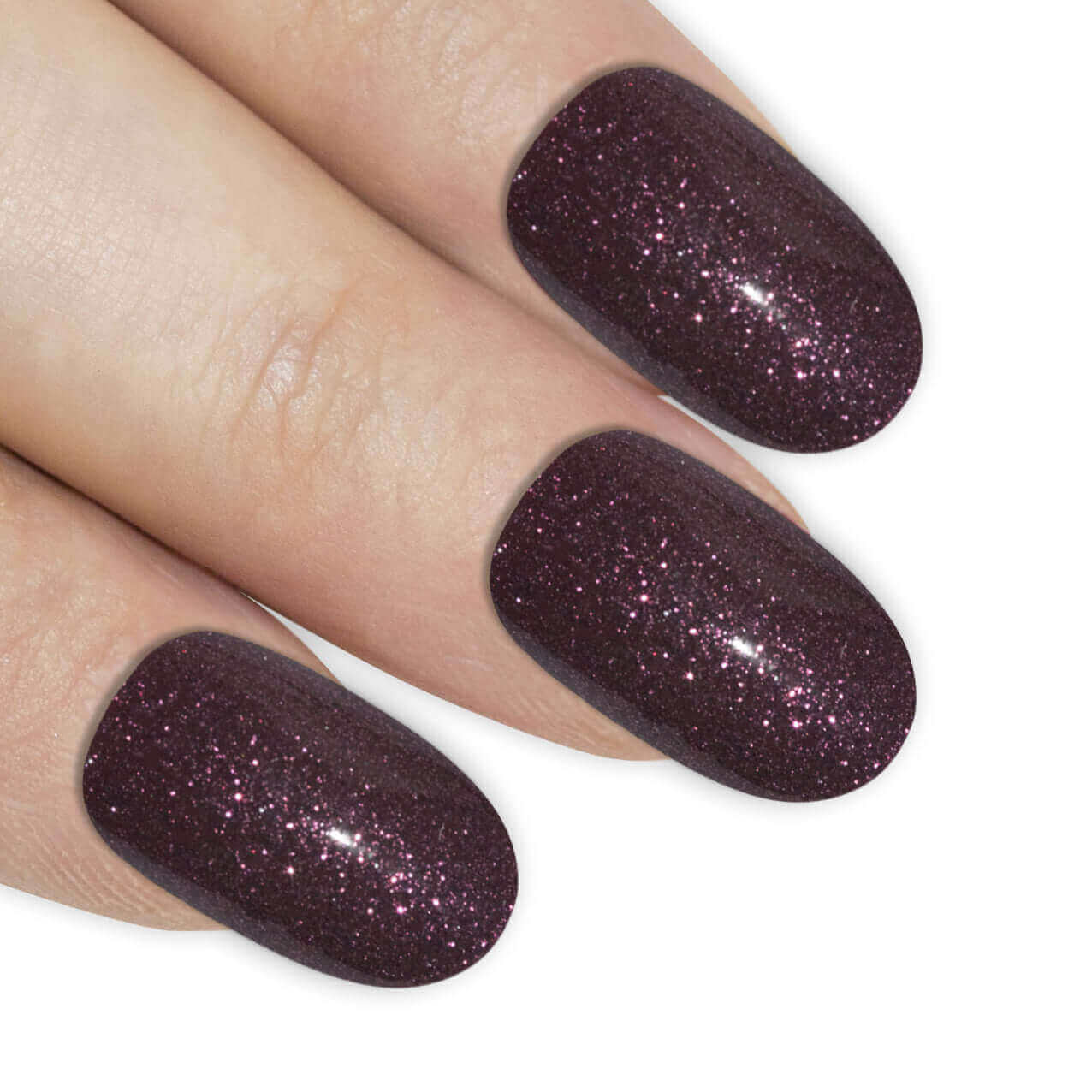 False Nails by Bling Art Red Brown Gel Oval Medium Acrylic Tips with Glue showing sparkly purple shade.