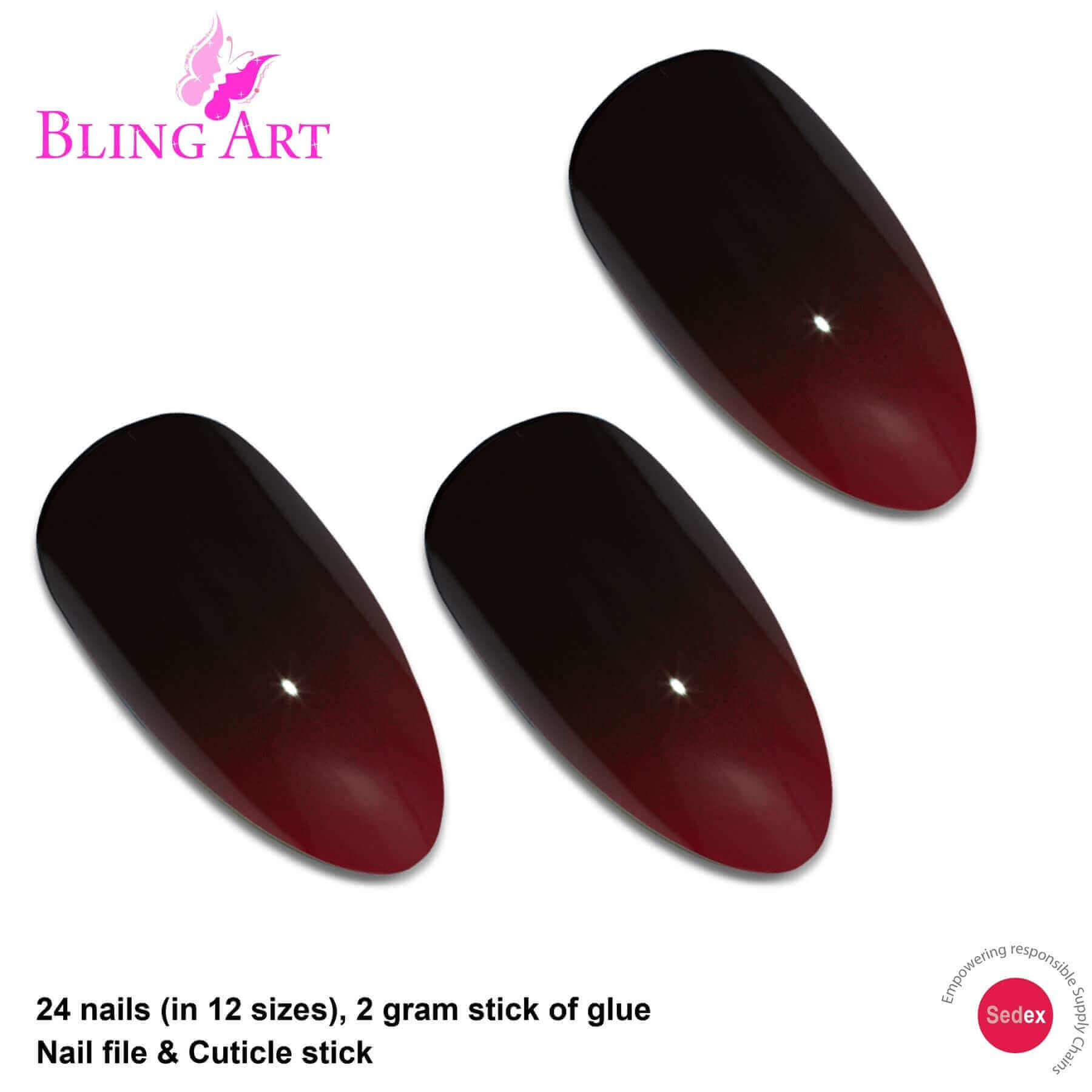 Multipack - False Nails by Bling Art Red Black Almond Stiletto Acrylic 24 Fake Long Tips