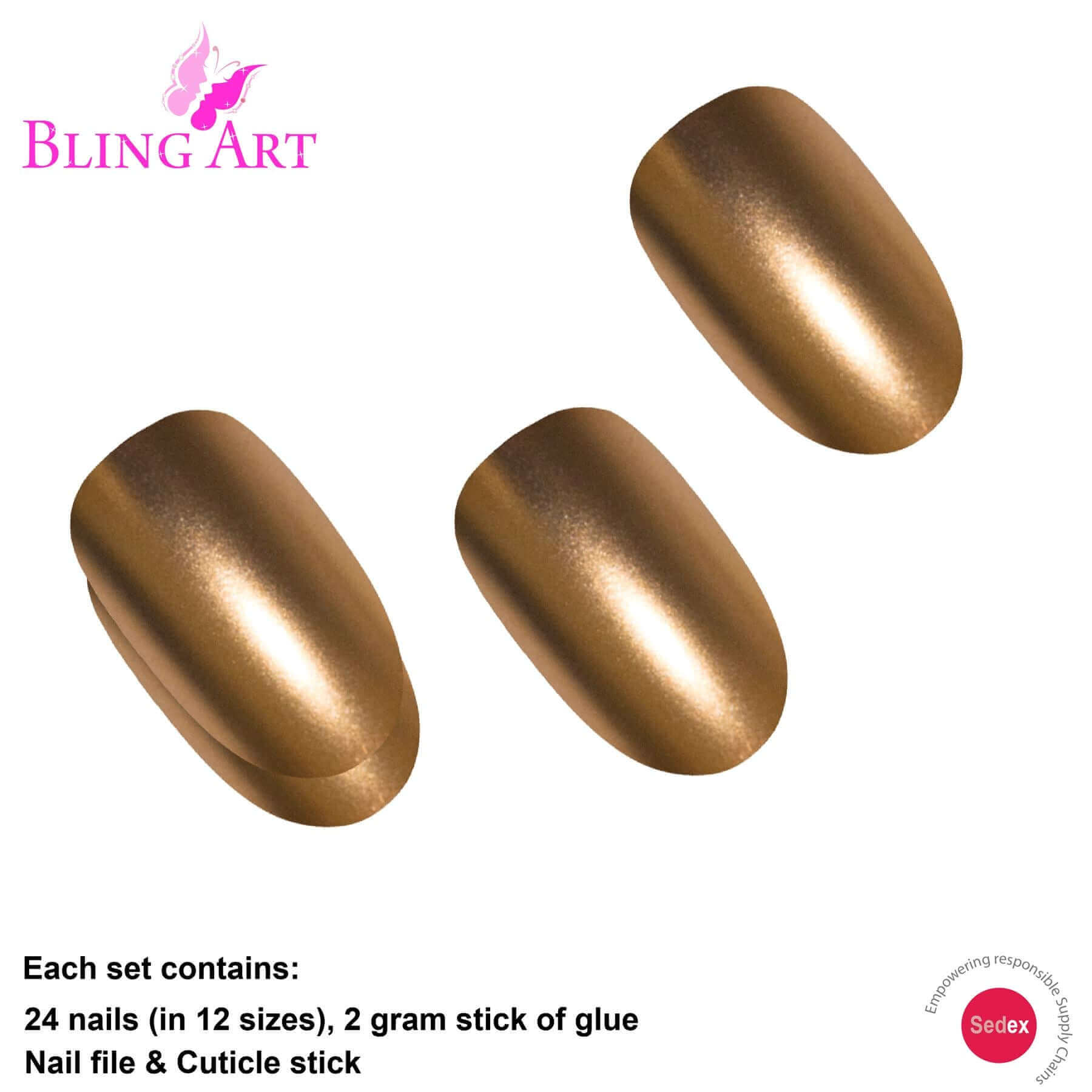 False Nails by Bling Art Gold Matte Metallic Oval Medium Fake Acrylic Tips Glue