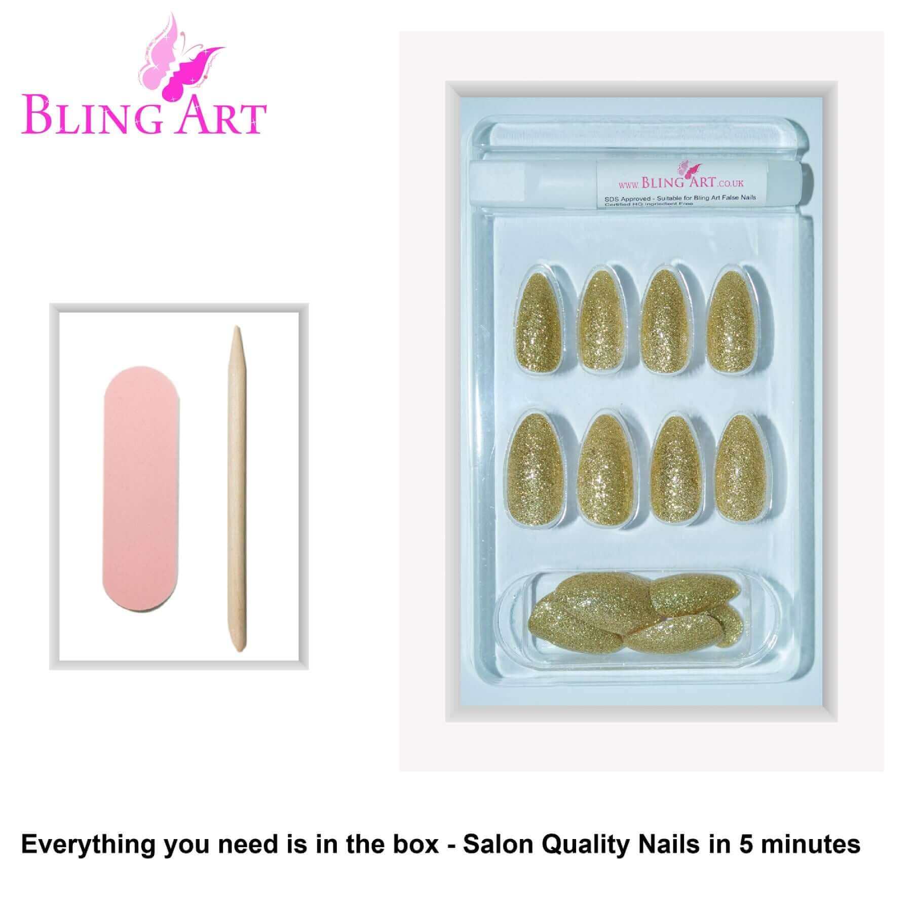 False Nails Bling Art Gold Gel Almond Stiletto Long Fake Acrylic Tips with Glue