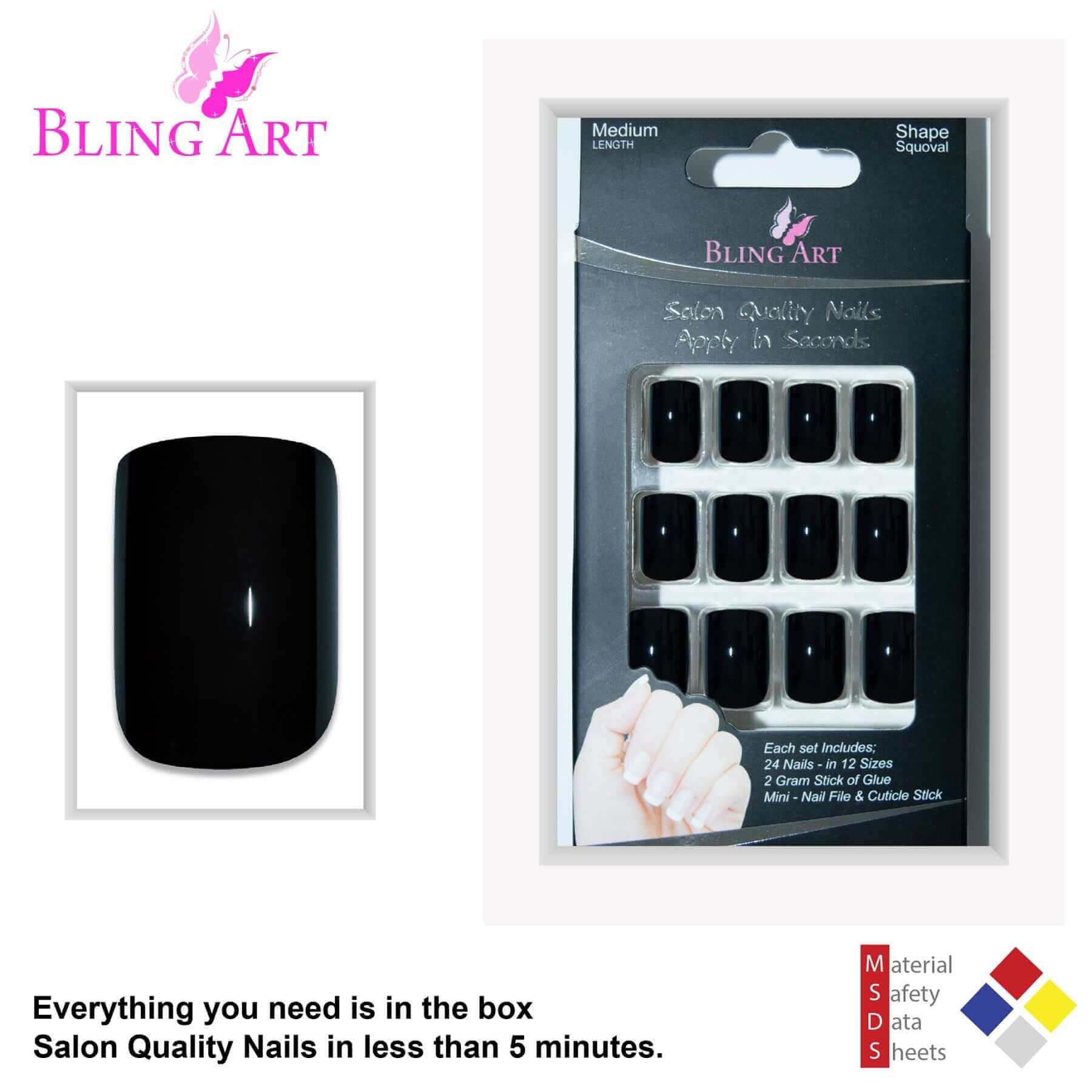 False Nails Bling Art Black Polished French Manicure Fake Medium Tips with Glue