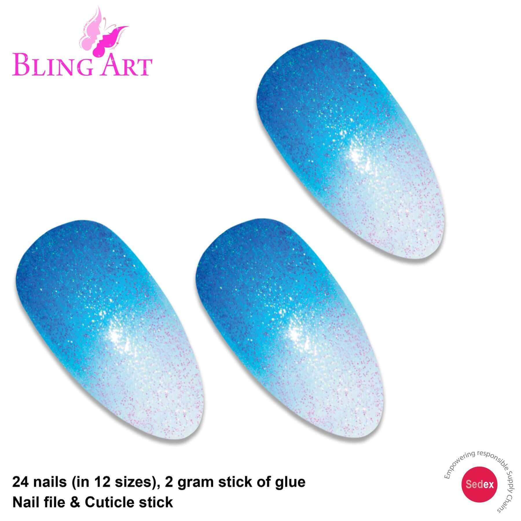 False Nails by Bling Art Blue Gel Ombre Almond Stiletto Fake Long Tips