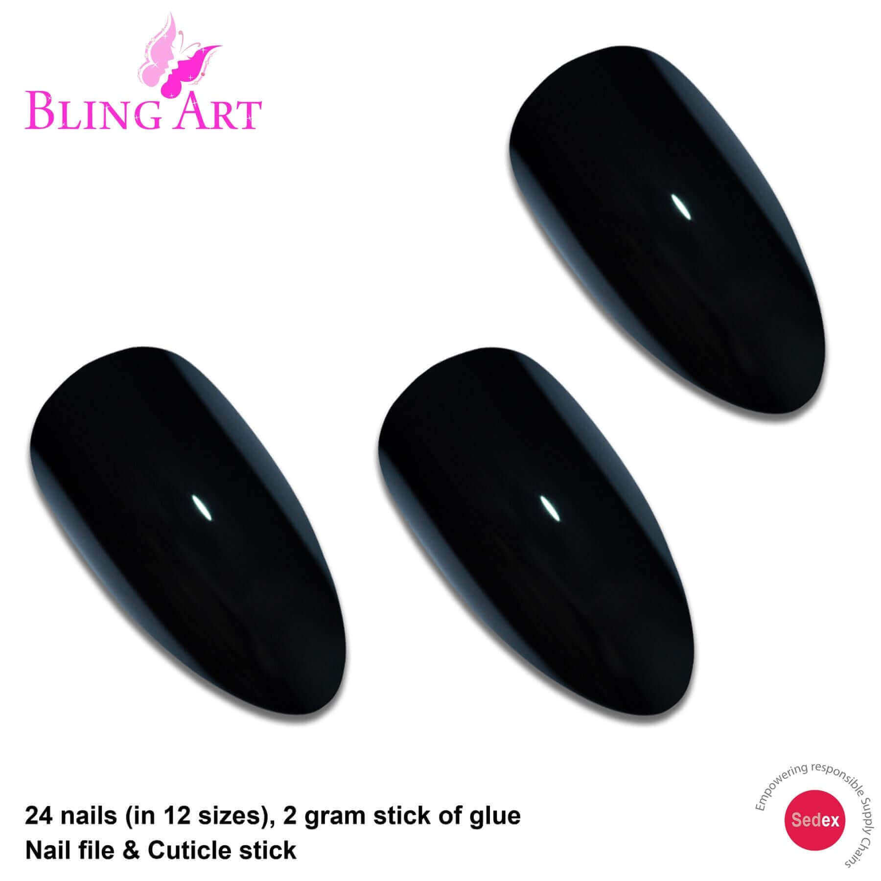 False Nails Bling Art Black Polished Almond Stiletto Long Fake Acrylic Tips Glue