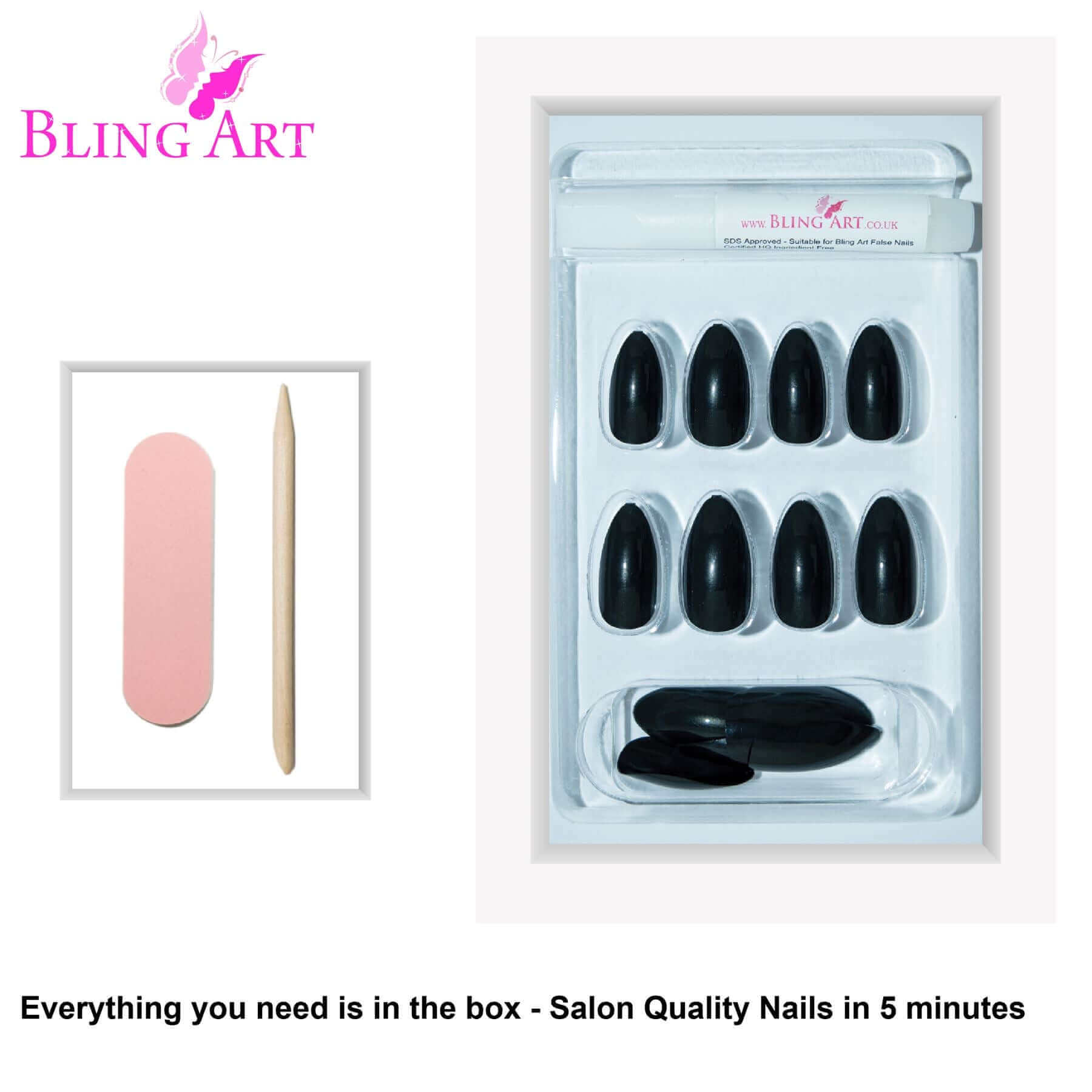 False Nails by Bling Art Black Glitter Almond Stiletto Fake Long Acrylic Tips