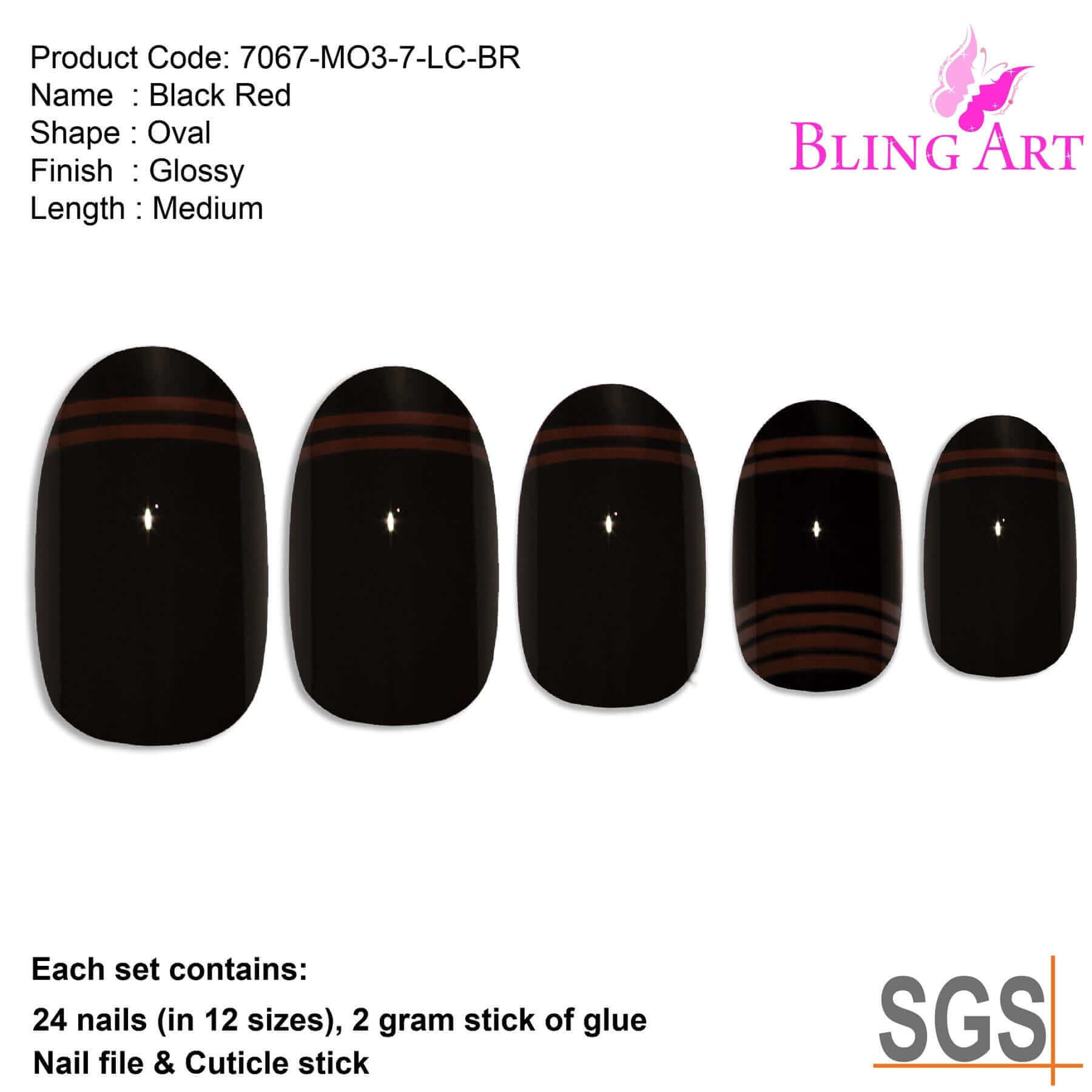 False Nails by Bling Art Black Red Glossy Oval Medium Fake 24 Acrylic Nail Tips