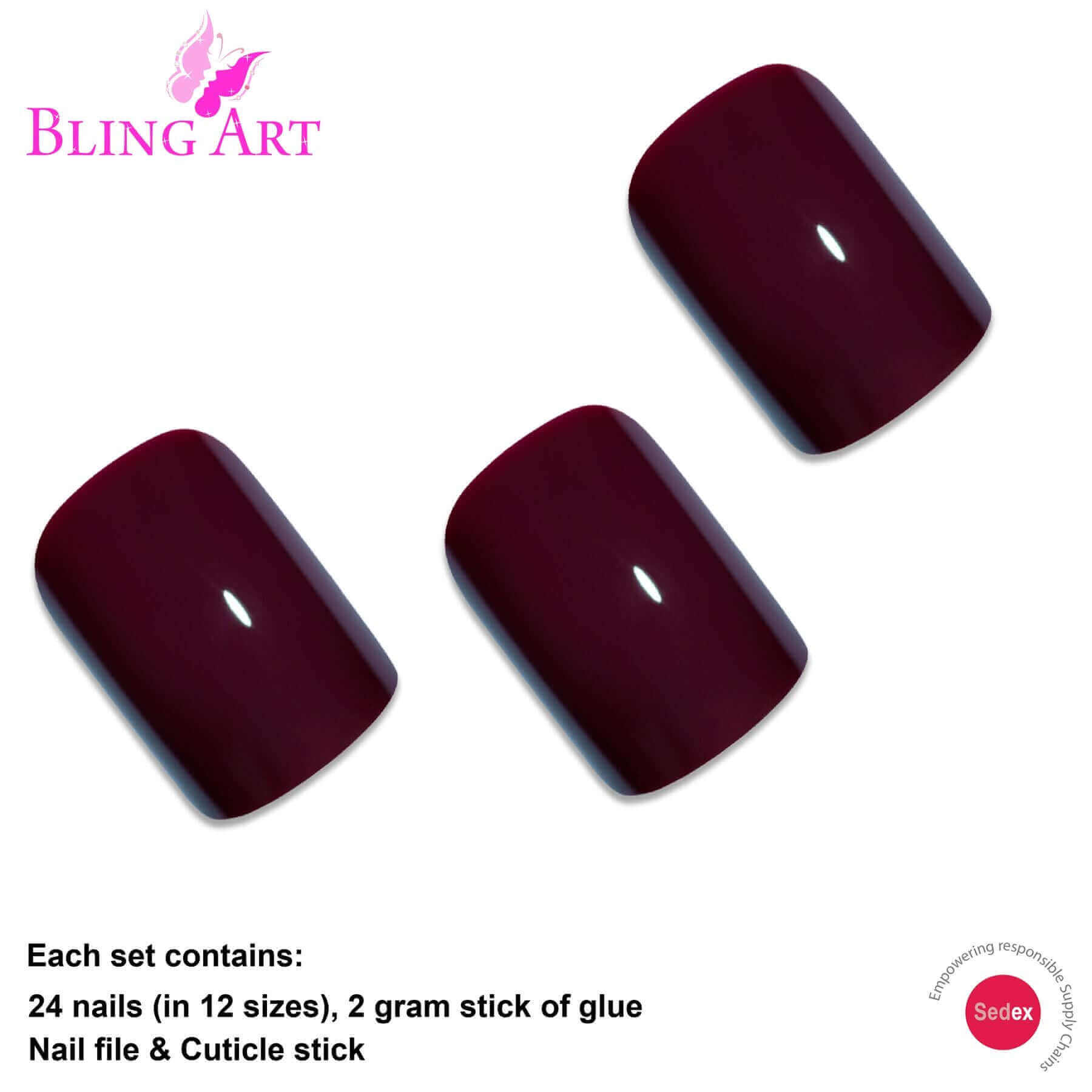 False Nails by Bling Art Brown Red French Manicure Fake Medium Tips with Glue