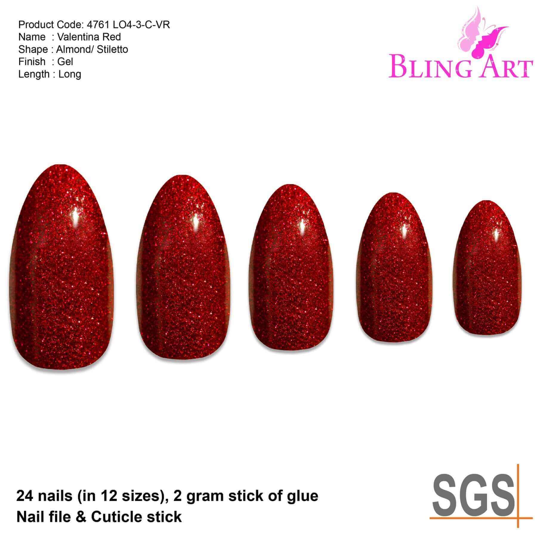 Multipack - False Nails Bling Art Red Gel Almond Stiletto Long Fake Acrylic Tips with Glue