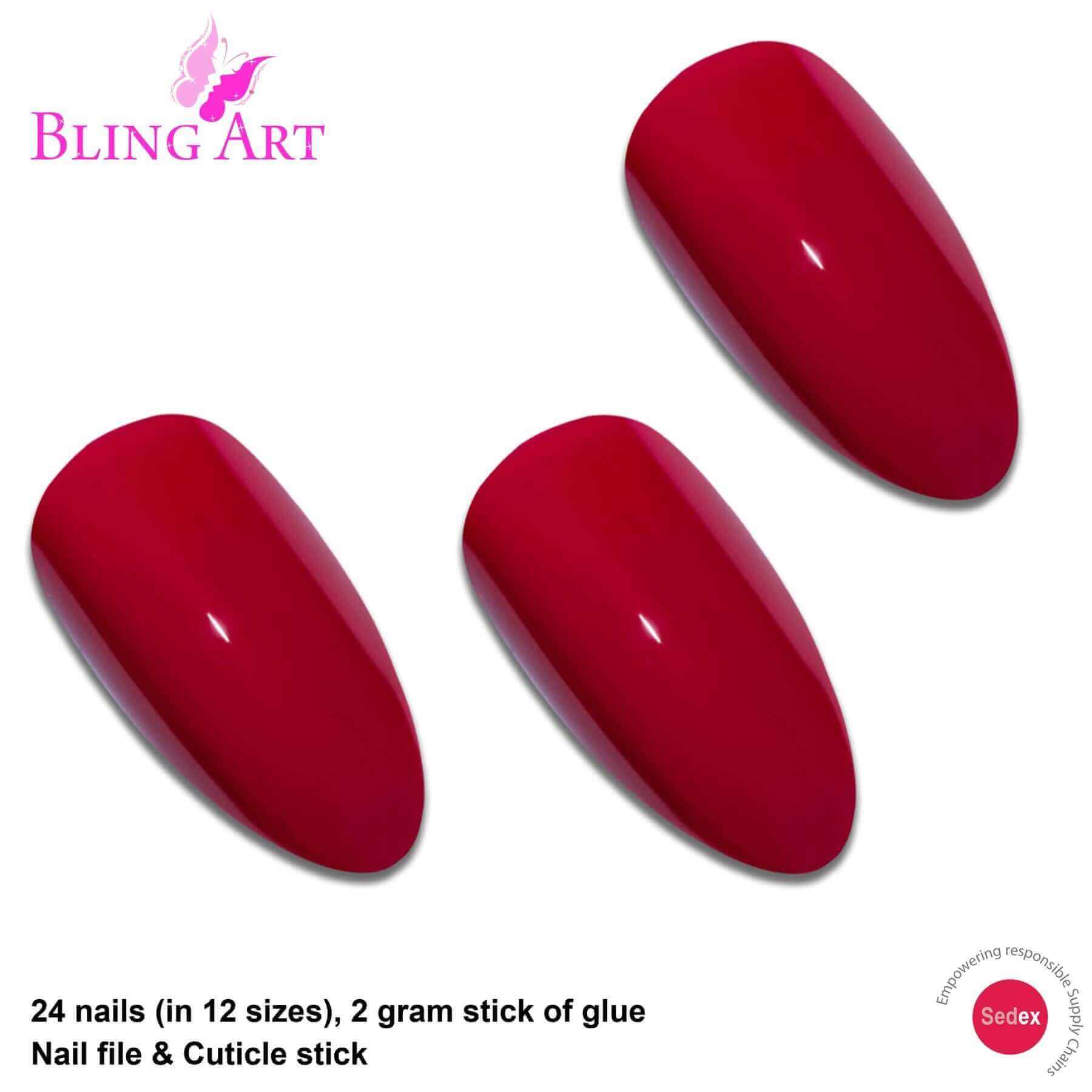 Multipack - False Nails Bling Art Red Polished Almond Stiletto Long Fake Acrylic Tips & Glue