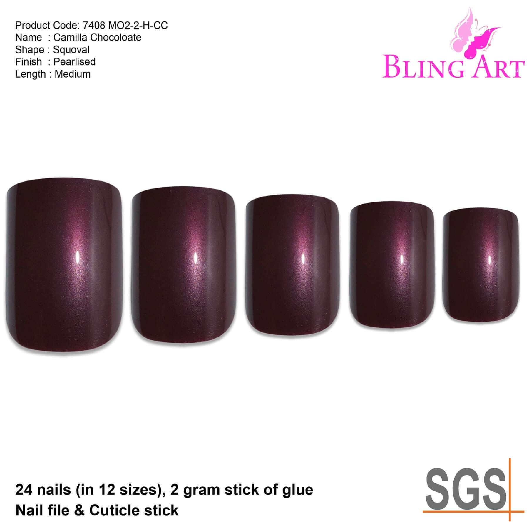 False Nails by Bling Art Brown Glitter French Squoval Fake Medium Acrylic Tips