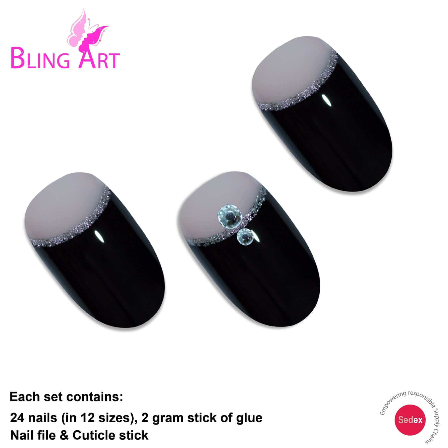 False Nails by Bling Art Black Crystal Glitter Oval Medium Fake Acrylic Tips