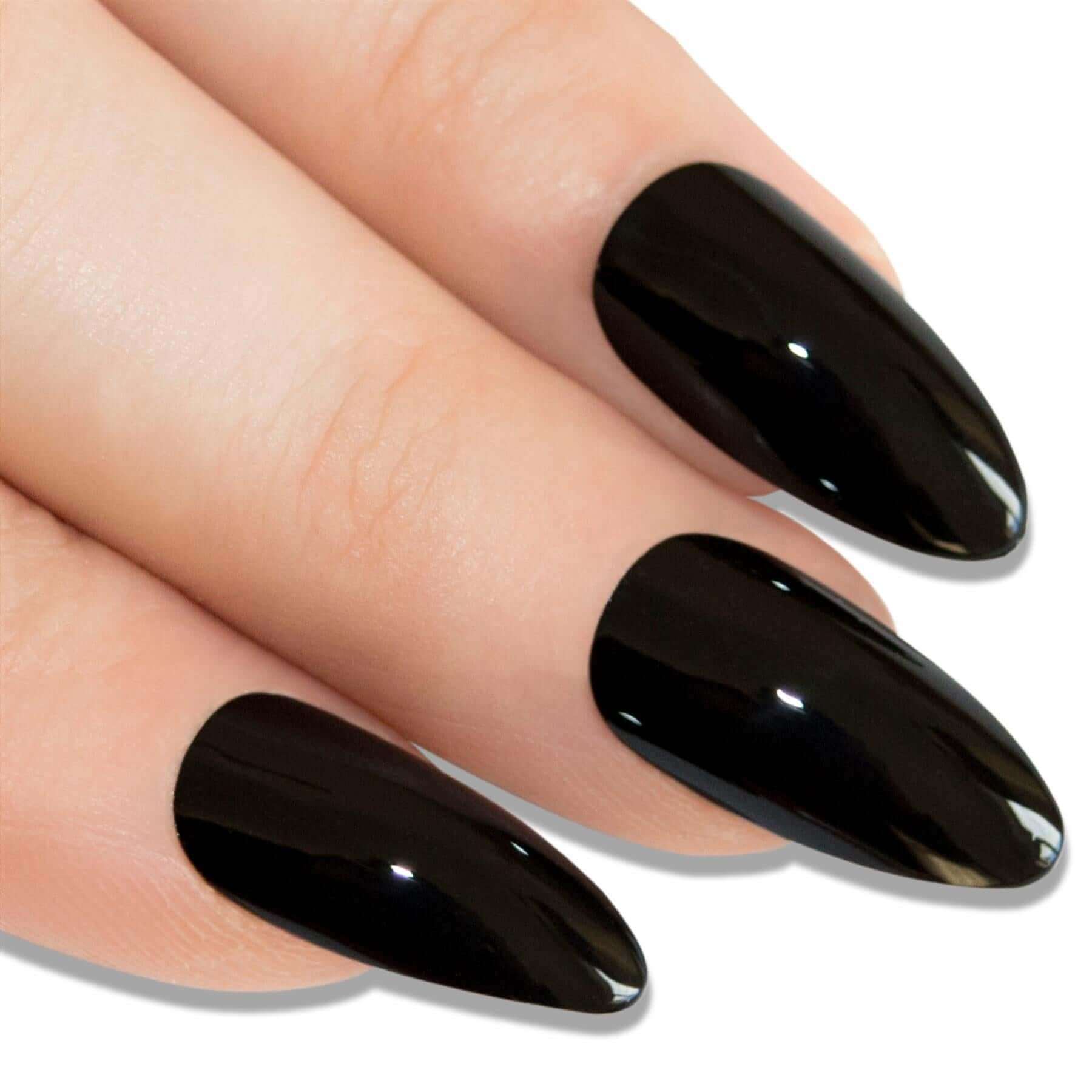 False Nails Bling Art Black Polished Almond Stiletto Long Fake Acrylic Tips Glue with shiny black finish.